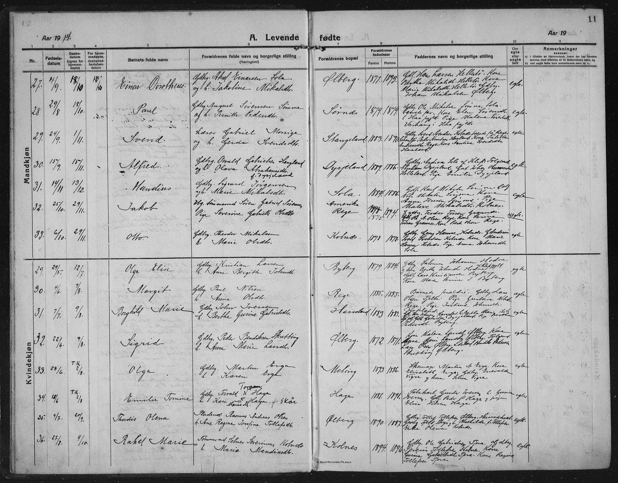 Håland sokneprestkontor, AV/SAST-A-101802/002/C/L0001: Ministerialbok nr. A 14, 1913-1927, s. 11