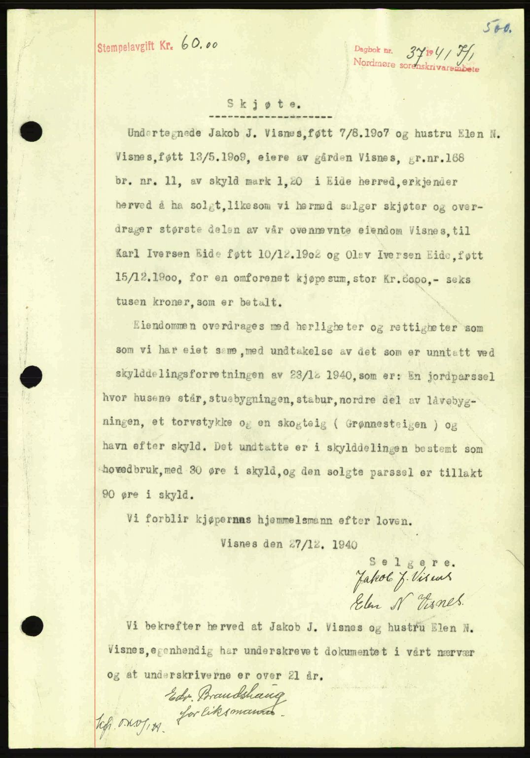 Nordmøre sorenskriveri, SAT/A-4132/1/2/2Ca: Pantebok nr. A89, 1940-1941, Dagboknr: 37/1941