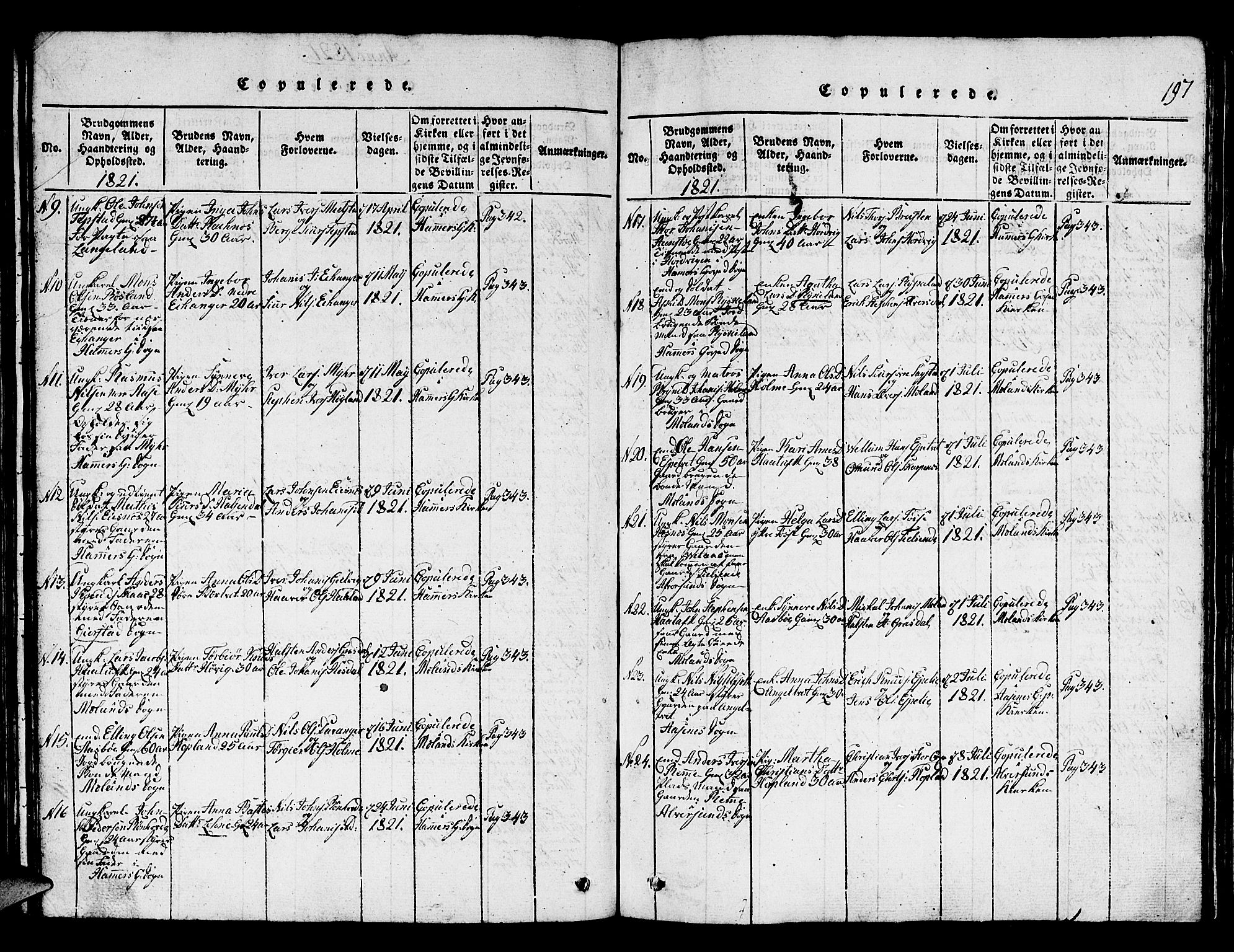 Hamre sokneprestembete, AV/SAB-A-75501/H/Ha/Hab: Klokkerbok nr. A 1, 1816-1826, s. 197