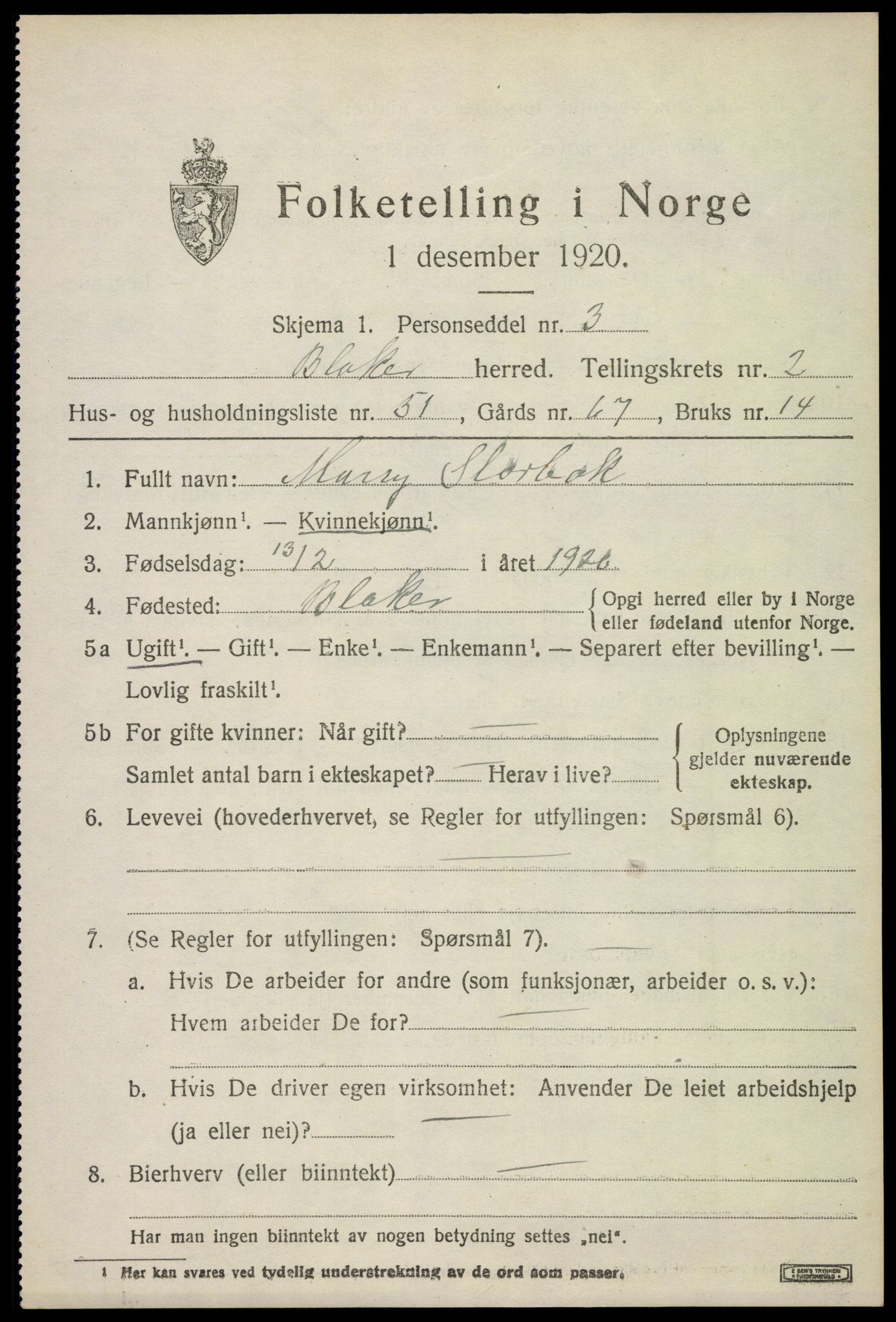 SAO, Folketelling 1920 for 0225 Blaker herred, 1920, s. 2023