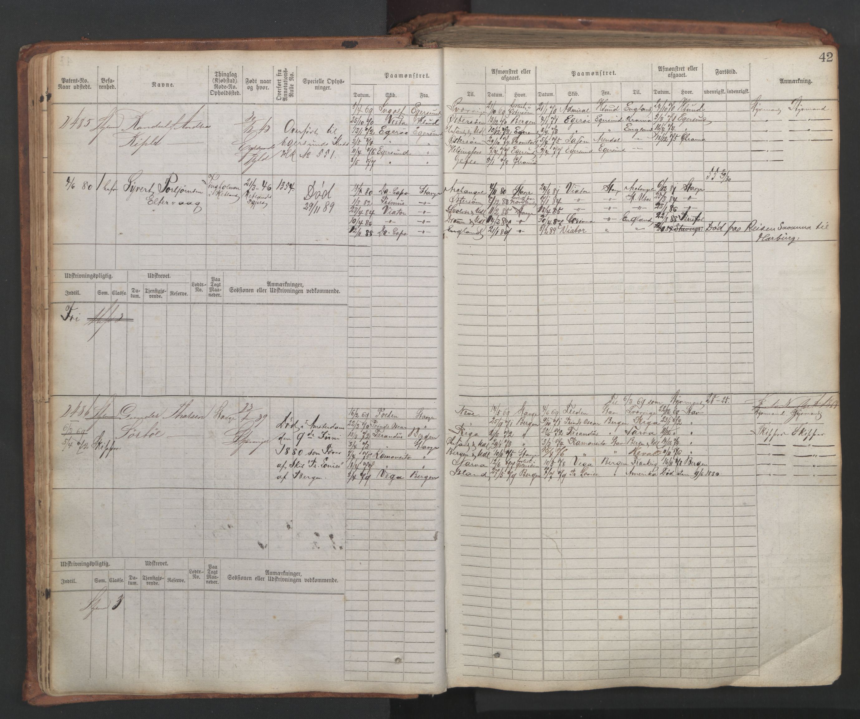 Stavanger sjømannskontor, AV/SAST-A-102006/F/Fb/Fbb/L0007: Sjøfartshovedrulle, patentnr. 2403-3604, 1869-1880, s. 47