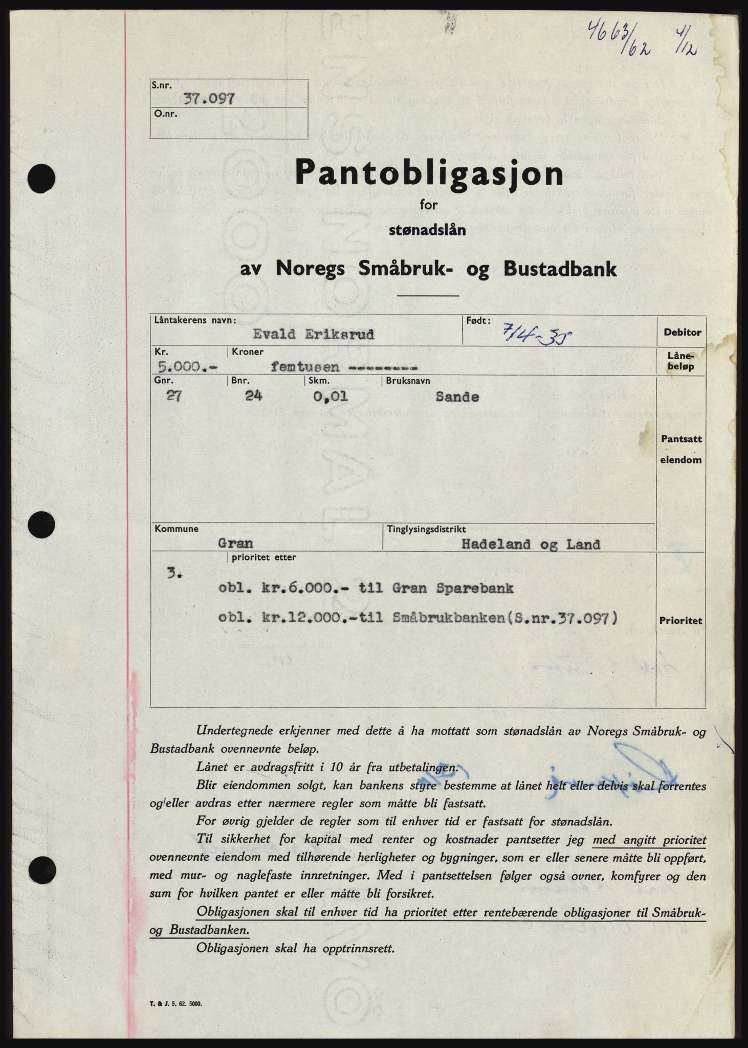 Hadeland og Land tingrett, SAH/TING-010/H/Hb/Hbc/L0050: Pantebok nr. B50, 1962-1963, Dagboknr: 4663/1962