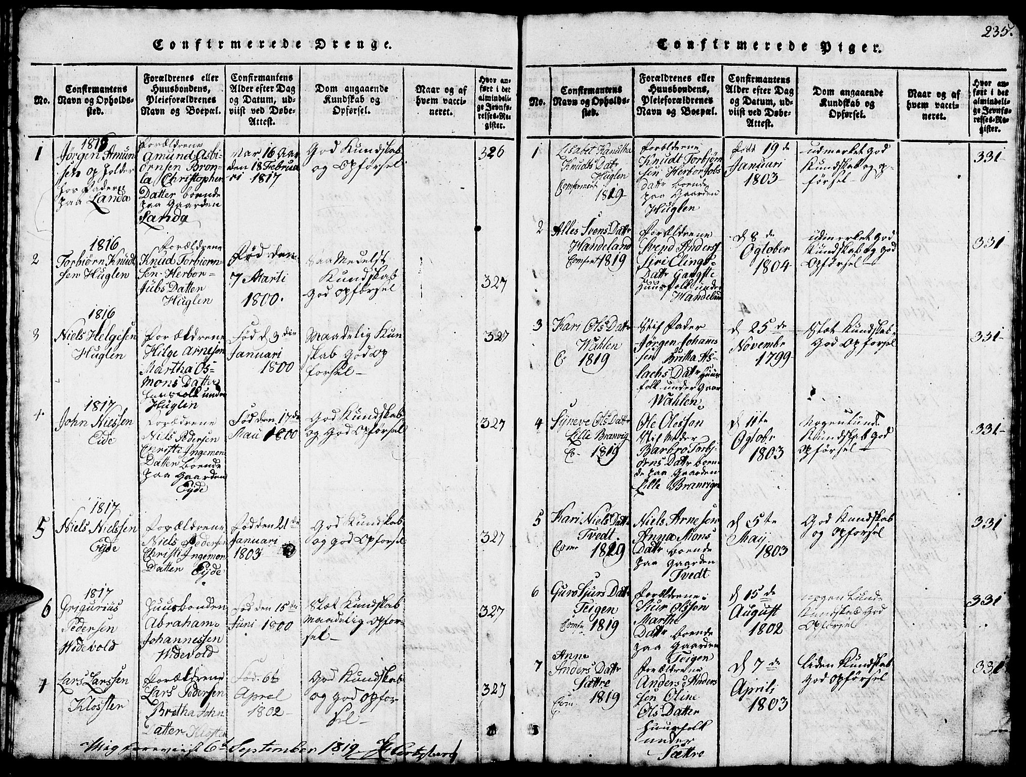 Fjelberg sokneprestembete, SAB/A-75201/H/Hab: Klokkerbok nr. B 1, 1815-1823, s. 235