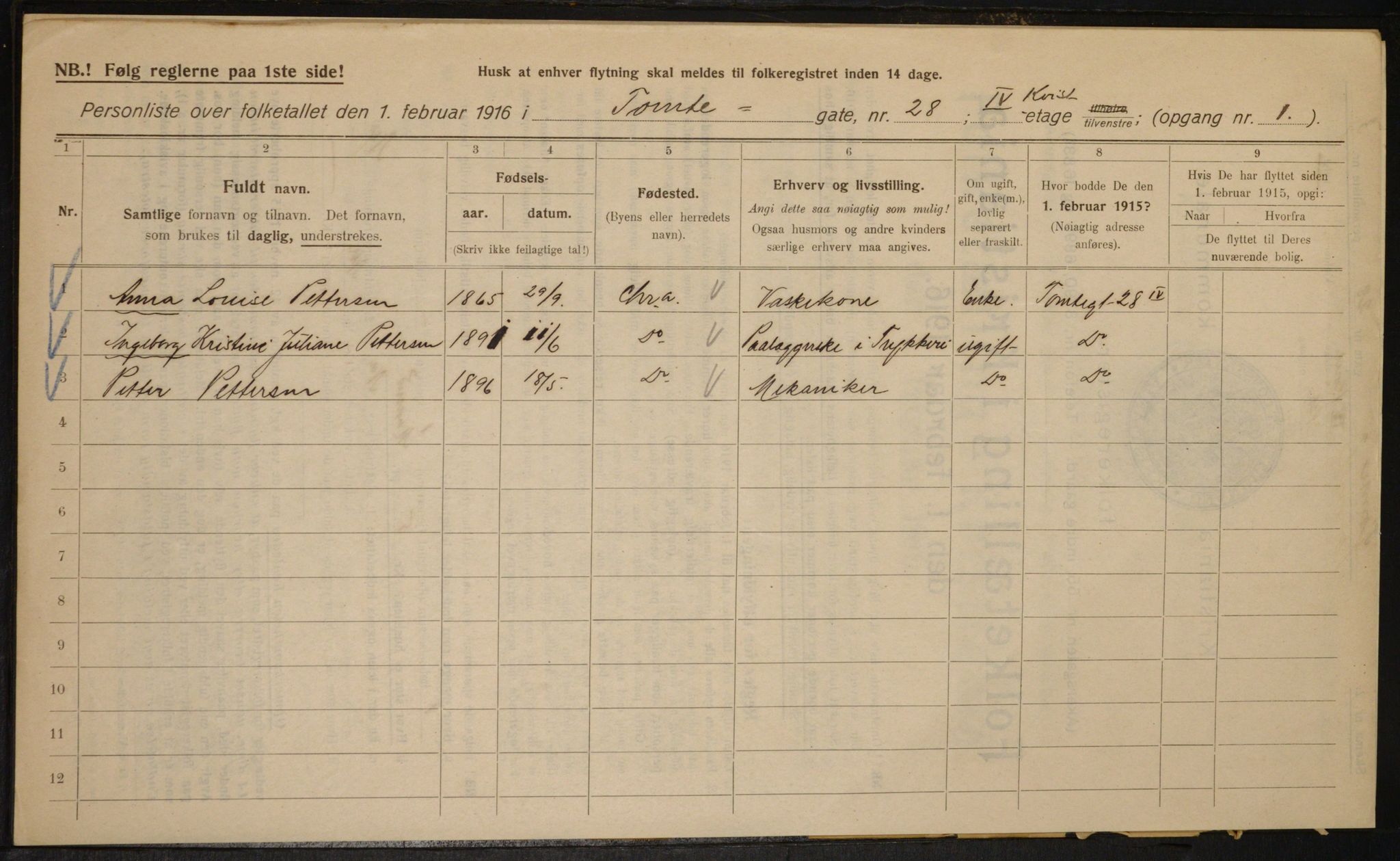 OBA, Kommunal folketelling 1.2.1916 for Kristiania, 1916, s. 116925