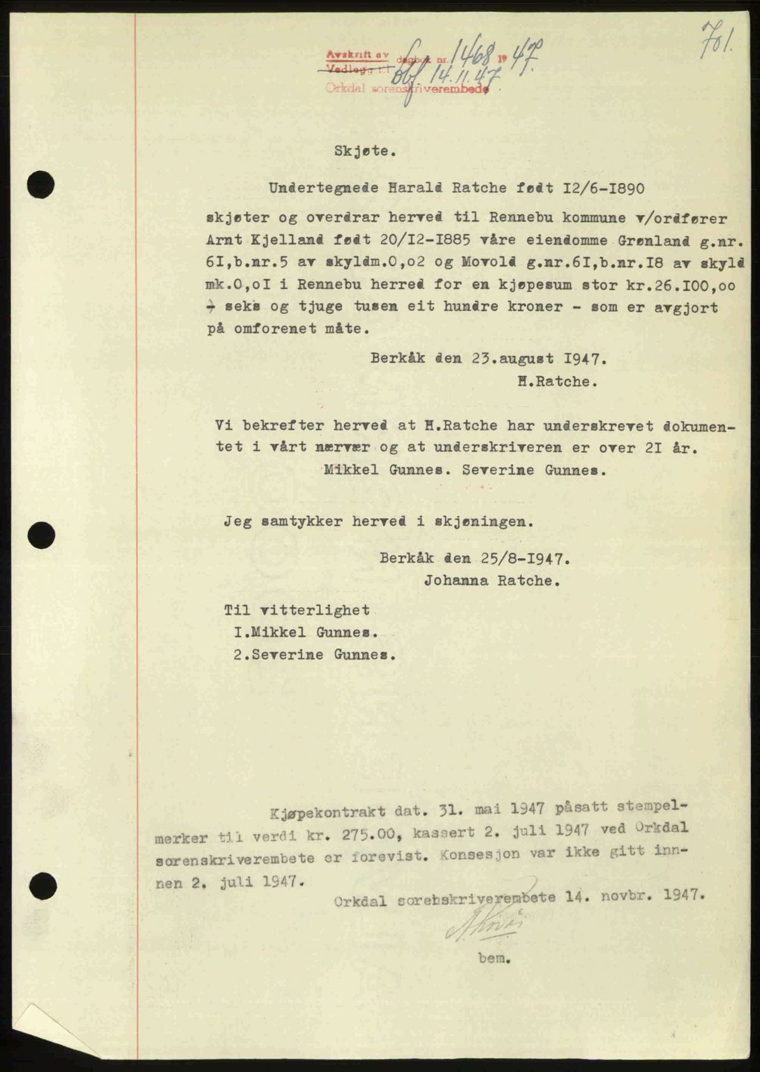 Orkdal sorenskriveri, SAT/A-4169/1/2/2C: Pantebok nr. A, 1947-1947, Dagboknr: 1468/1947