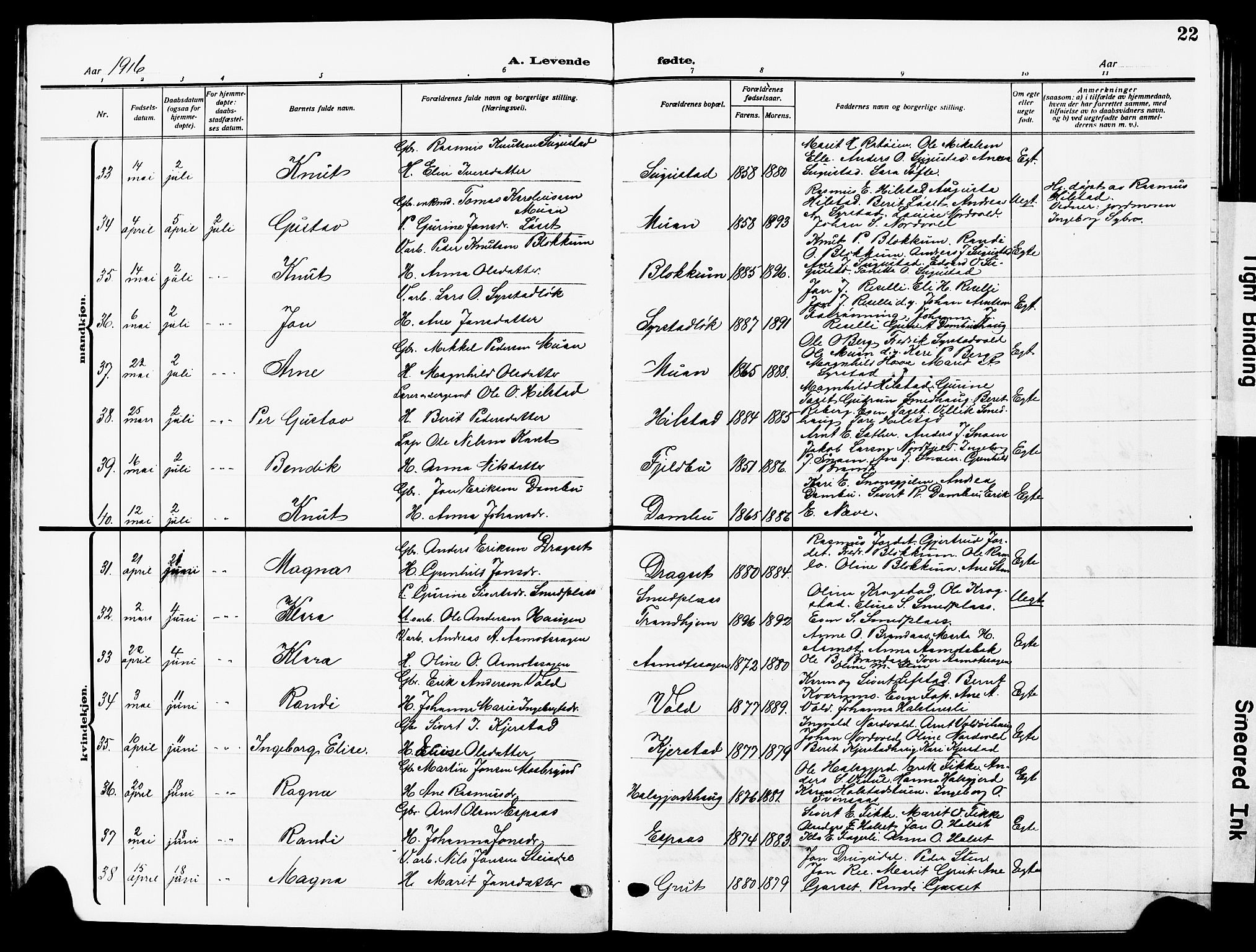 Ministerialprotokoller, klokkerbøker og fødselsregistre - Sør-Trøndelag, AV/SAT-A-1456/672/L0865: Klokkerbok nr. 672C04, 1914-1928, s. 22