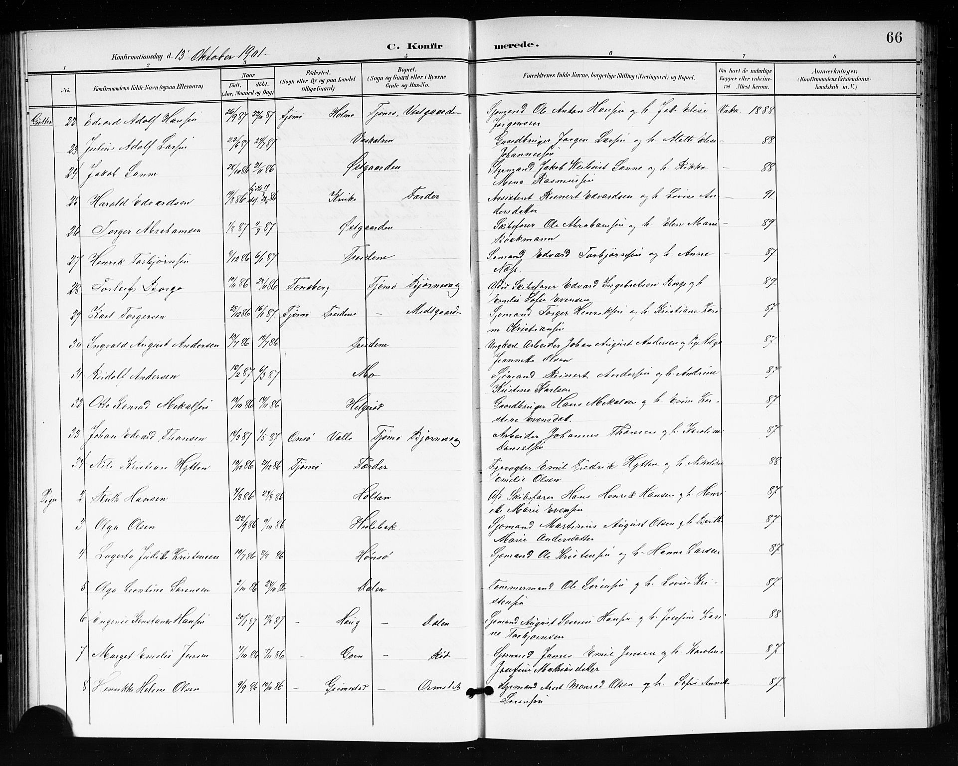 Tjøme kirkebøker, AV/SAKO-A-328/G/Ga/L0001: Klokkerbok nr. I 1, 1901-1910, s. 66