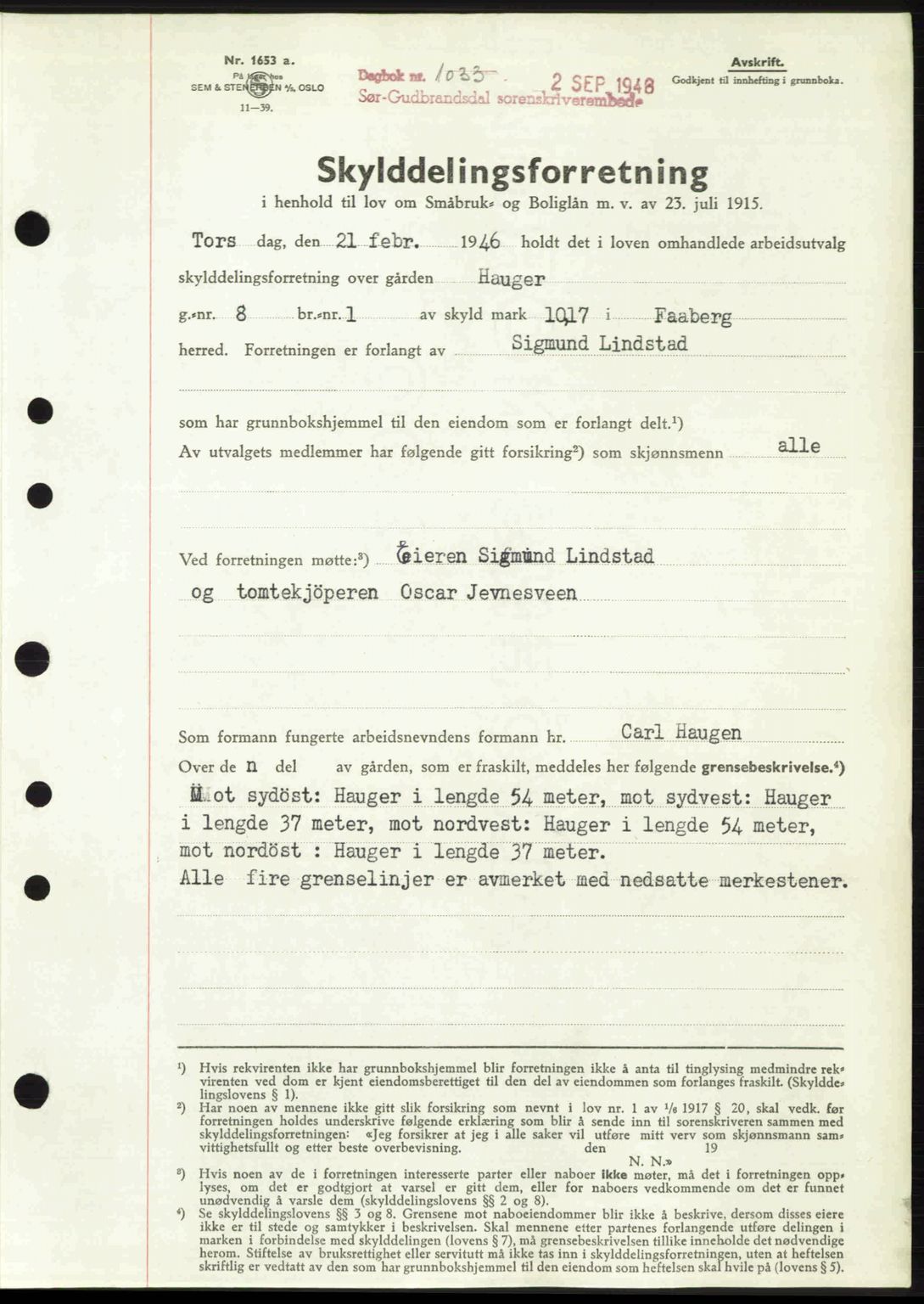 Sør-Gudbrandsdal tingrett, SAH/TING-004/H/Hb/Hbd/L0016: Pantebok nr. A16, 1946-1946, Dagboknr: 1033/1946