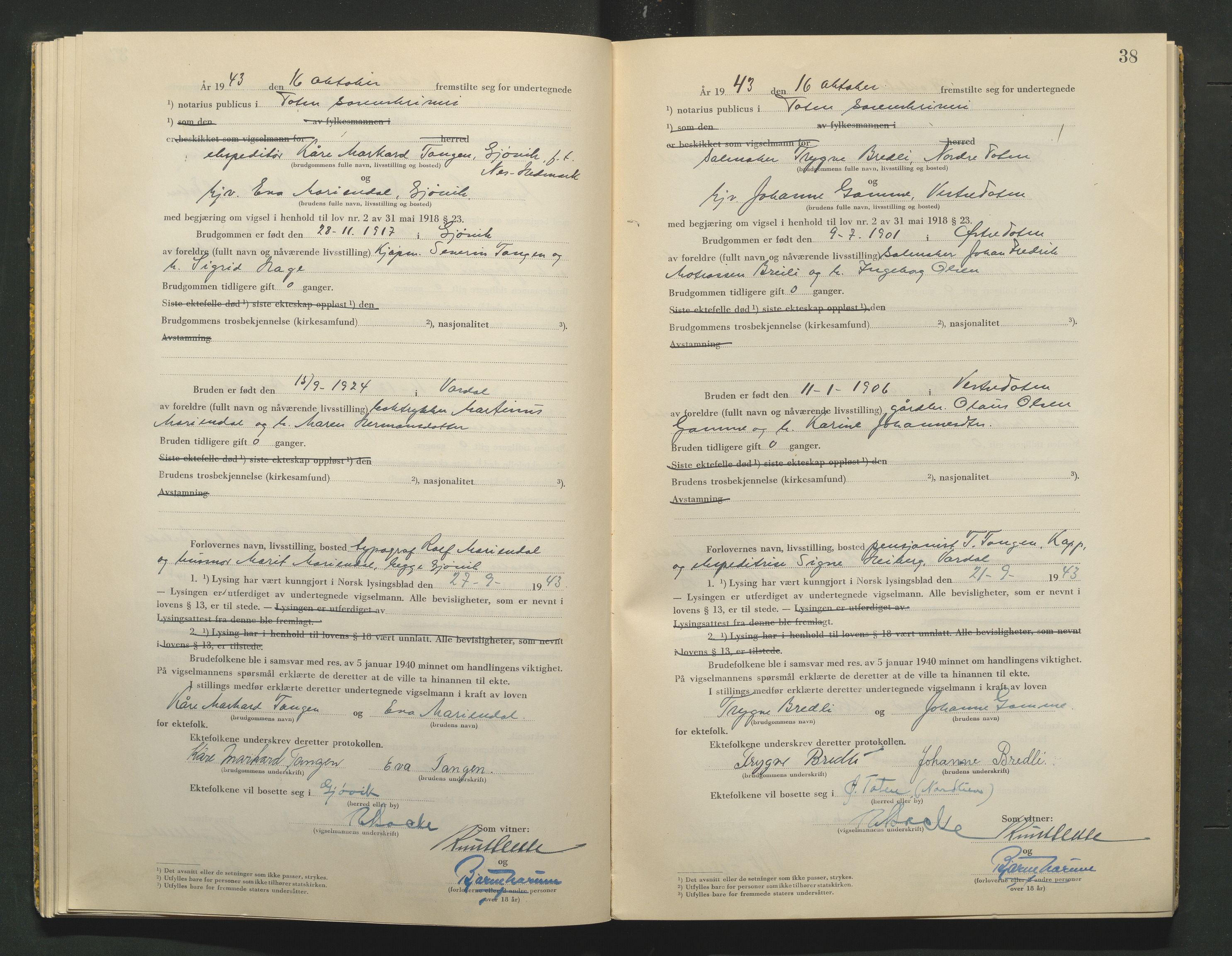 Toten tingrett, AV/SAH-TING-006/L/Lc/L0003: Vigselbok, 1943-1944, s. 38