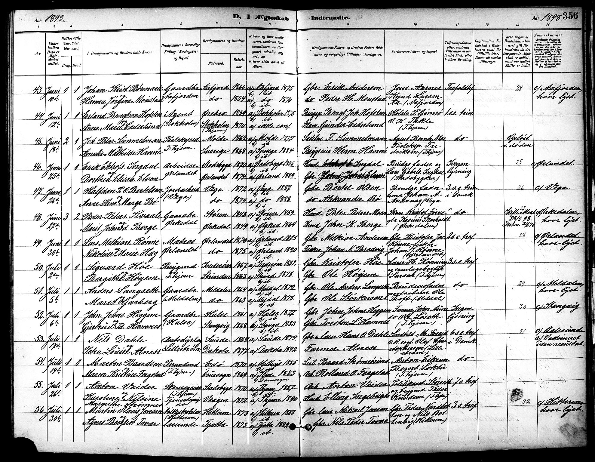 Ministerialprotokoller, klokkerbøker og fødselsregistre - Sør-Trøndelag, AV/SAT-A-1456/601/L0094: Klokkerbok nr. 601C12, 1898-1911, s. 356