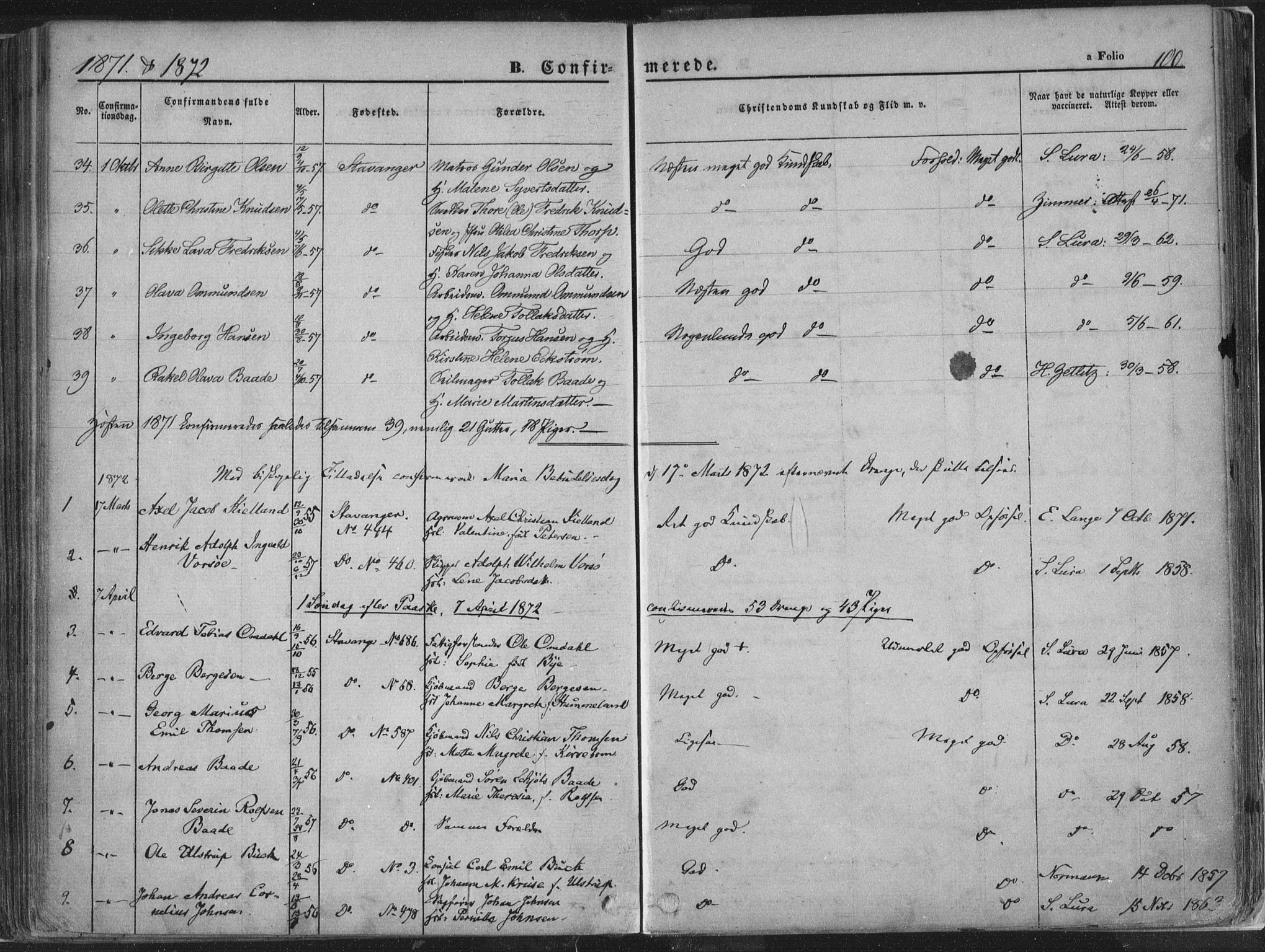 Domkirken sokneprestkontor, AV/SAST-A-101812/001/30/30BA/L0018: Ministerialbok nr. A 17, 1857-1877, s. 100