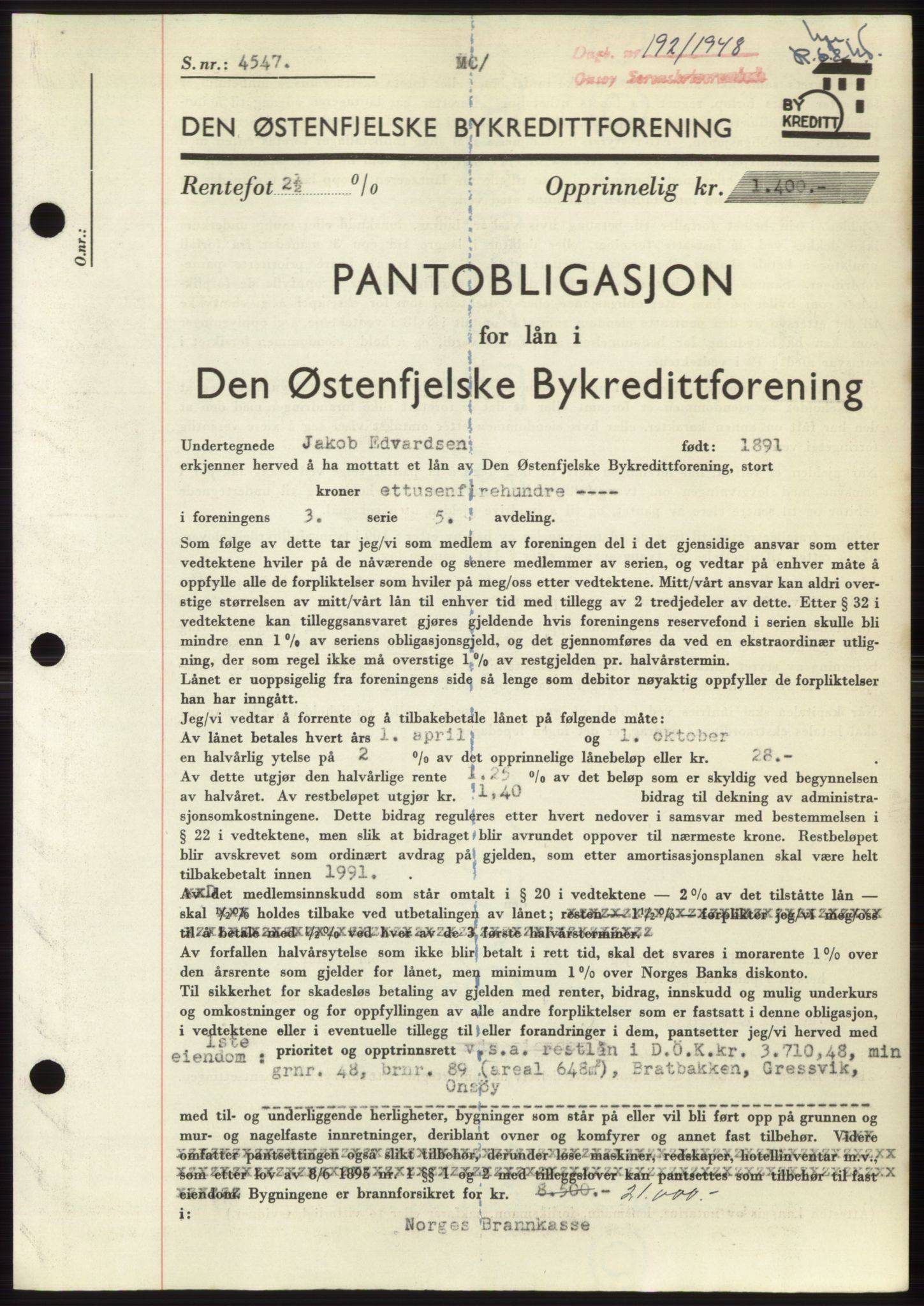 Onsøy sorenskriveri, SAO/A-10474/G/Ga/Gac/L0006: Pantebok nr. B 12-6, 1947-1948, Dagboknr: 192/1948
