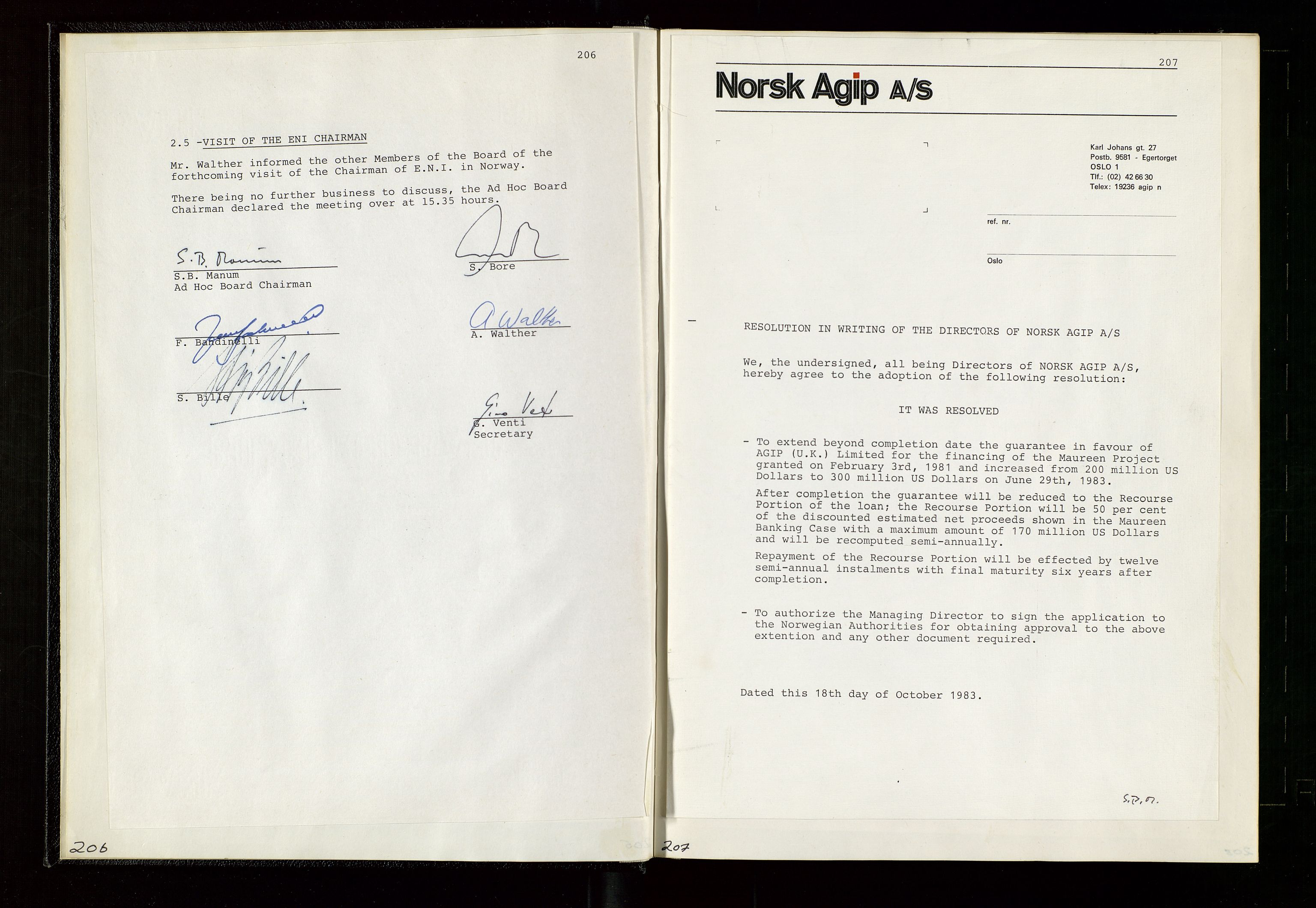 Pa 1583 - Norsk Agip AS, SAST/A-102138/A/Aa/L0003: Board of Directors meeting minutes, 1979-1983, s. 206-207