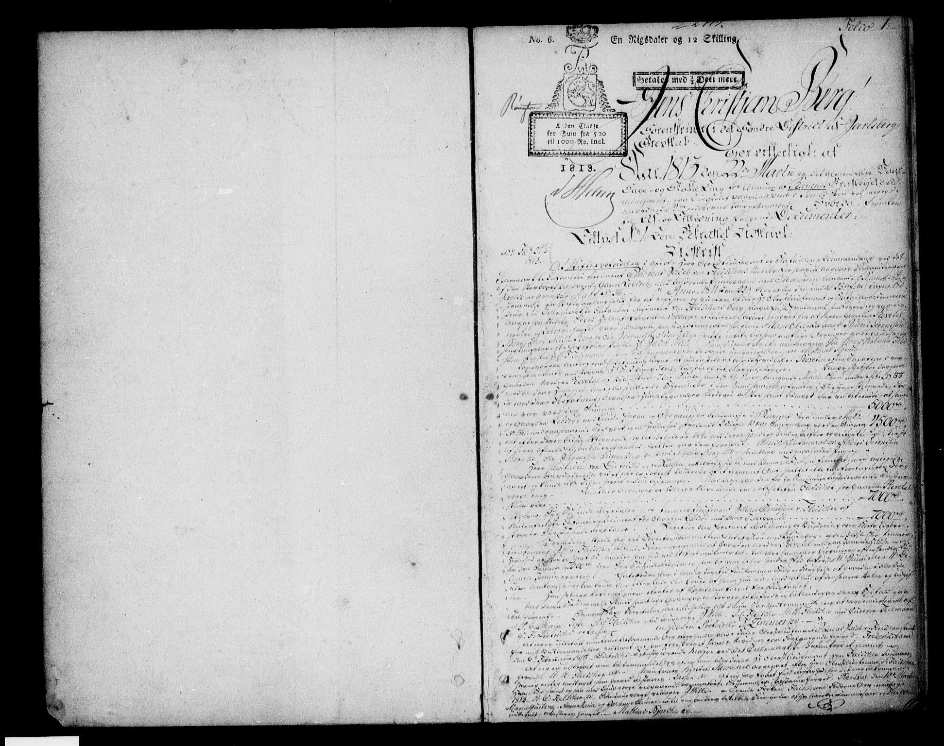 Søndre Jarlsberg sorenskriveri, AV/SAKO-A-129/G/Ga/Gaa/L0009: Pantebok nr. I 9, 1813-1817, s. 1