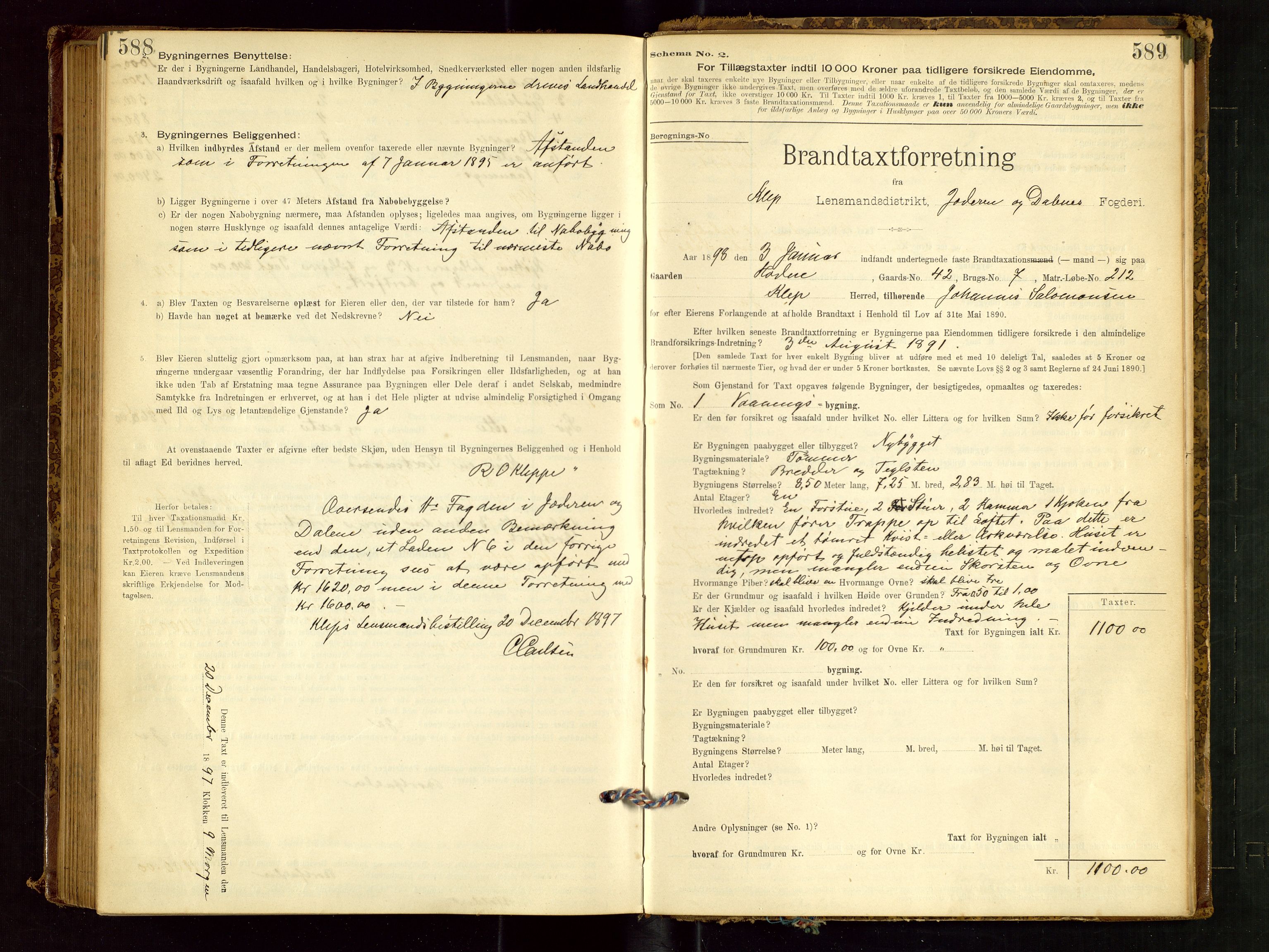 Klepp lensmannskontor, SAST/A-100163/Goc/L0001: "Brandtaxationsprotokol" m/register, 1895-1898, s. 588-589