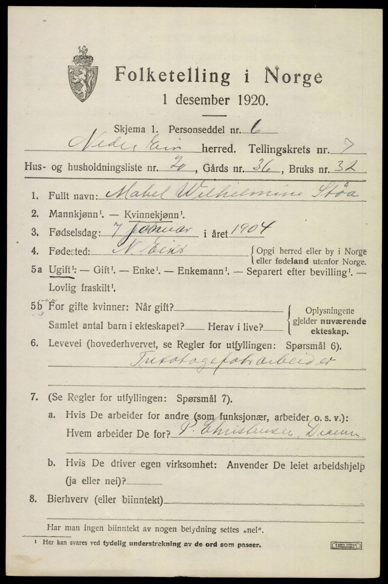 SAKO, Folketelling 1920 for 0625 Nedre Eiker herred, 1920, s. 7691