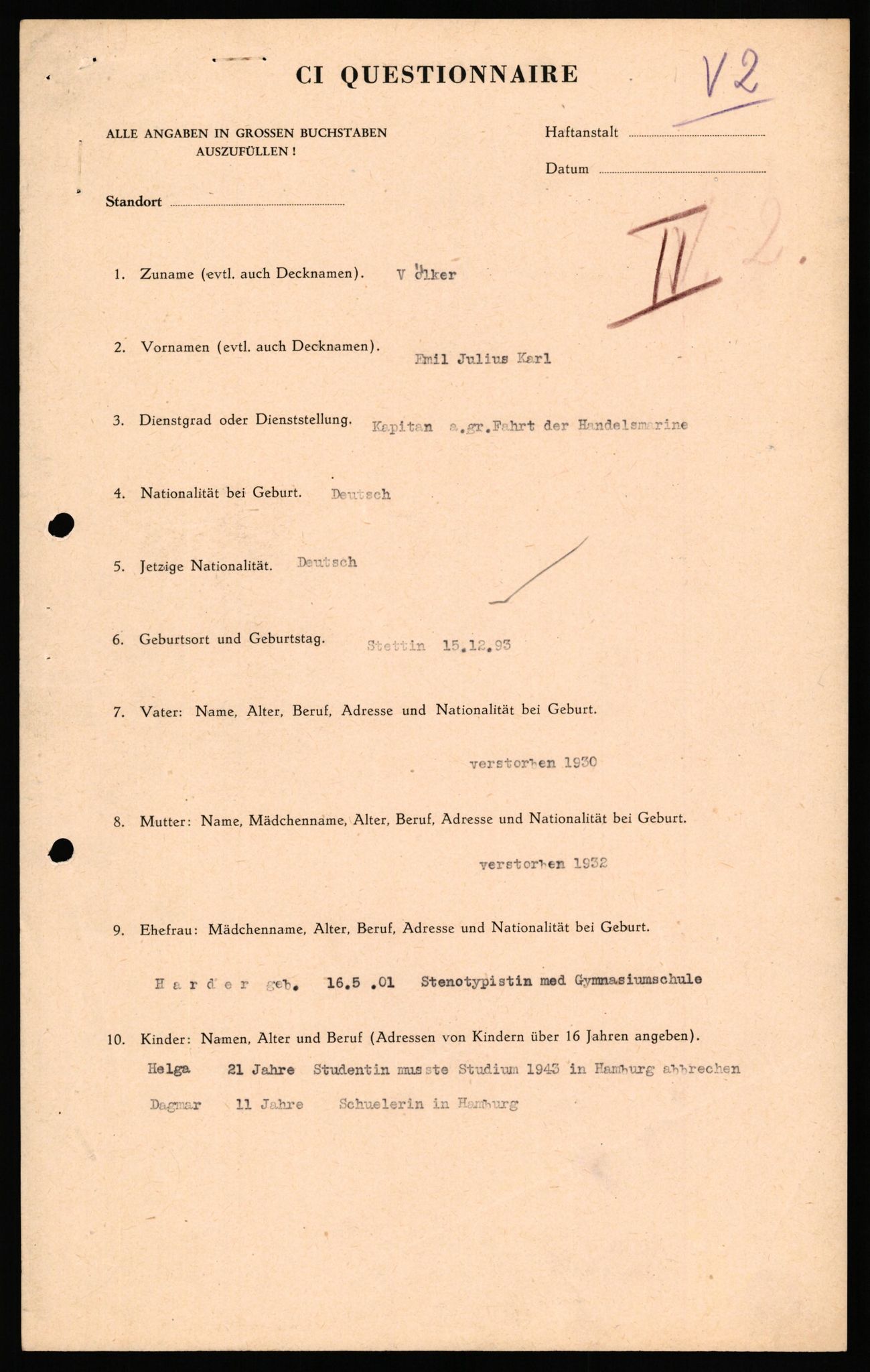 Forsvaret, Forsvarets overkommando II, AV/RA-RAFA-3915/D/Db/L0034: CI Questionaires. Tyske okkupasjonsstyrker i Norge. Tyskere., 1945-1946, s. 366