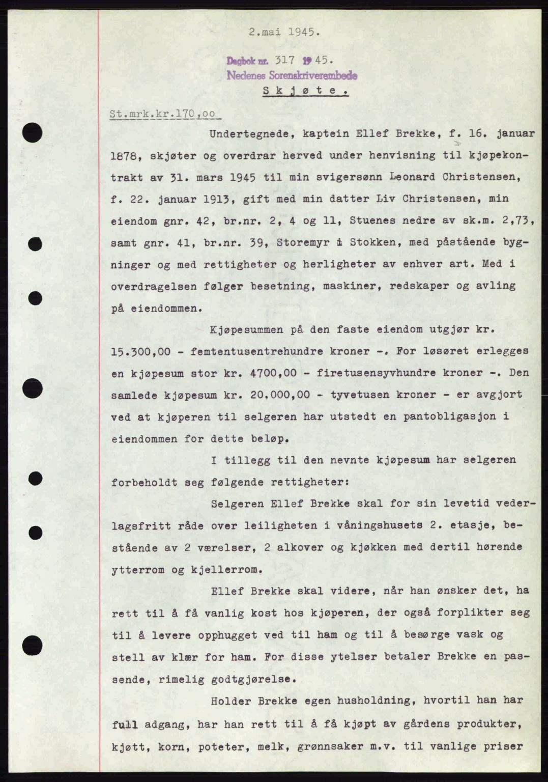 Nedenes sorenskriveri, SAK/1221-0006/G/Gb/Gba/L0052: Pantebok nr. A6a, 1944-1945, Dagboknr: 317/1945