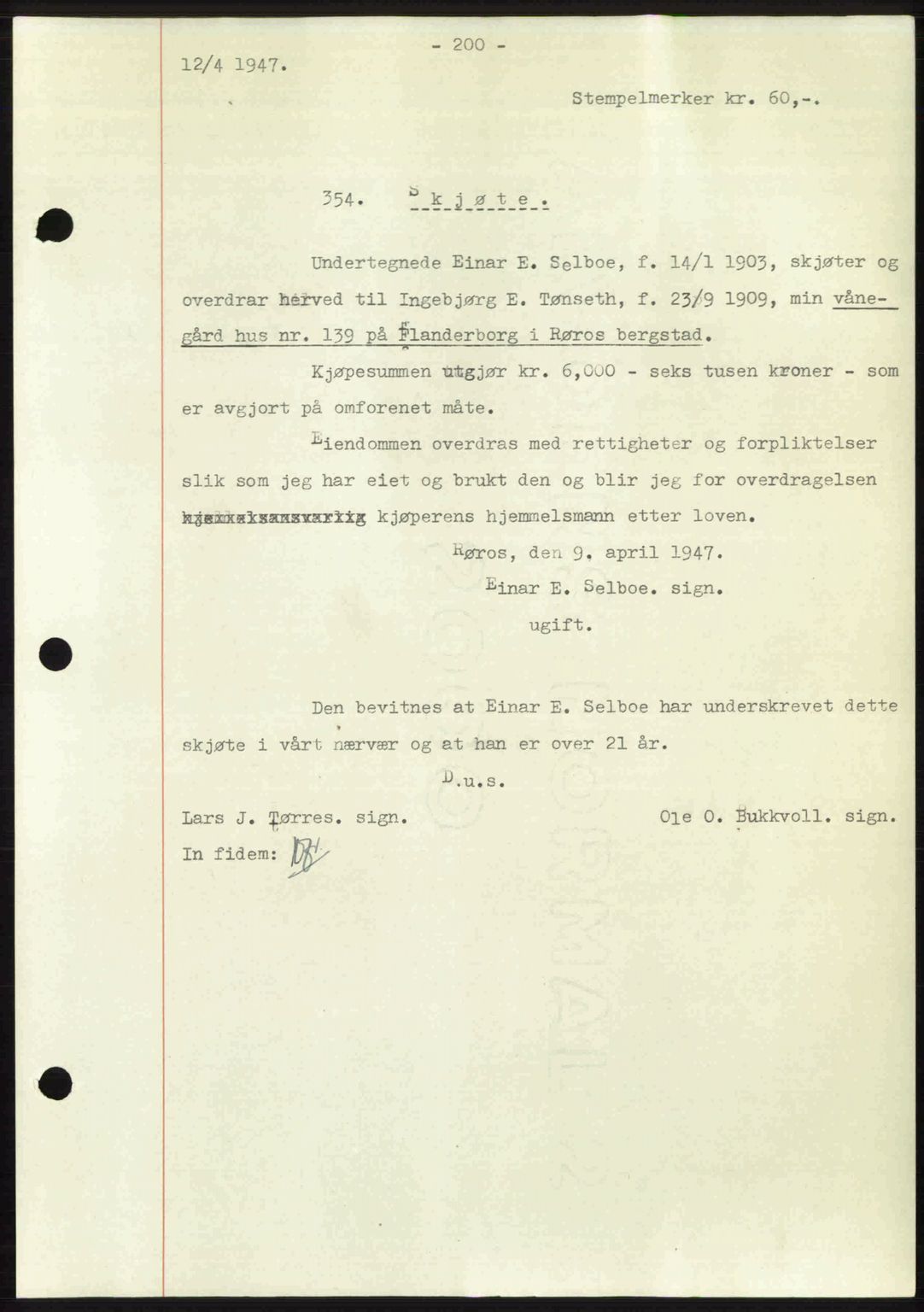 Gauldal sorenskriveri, SAT/A-0014/1/2/2C: Pantebok nr. A3, 1947-1947, Dagboknr: 354/1947