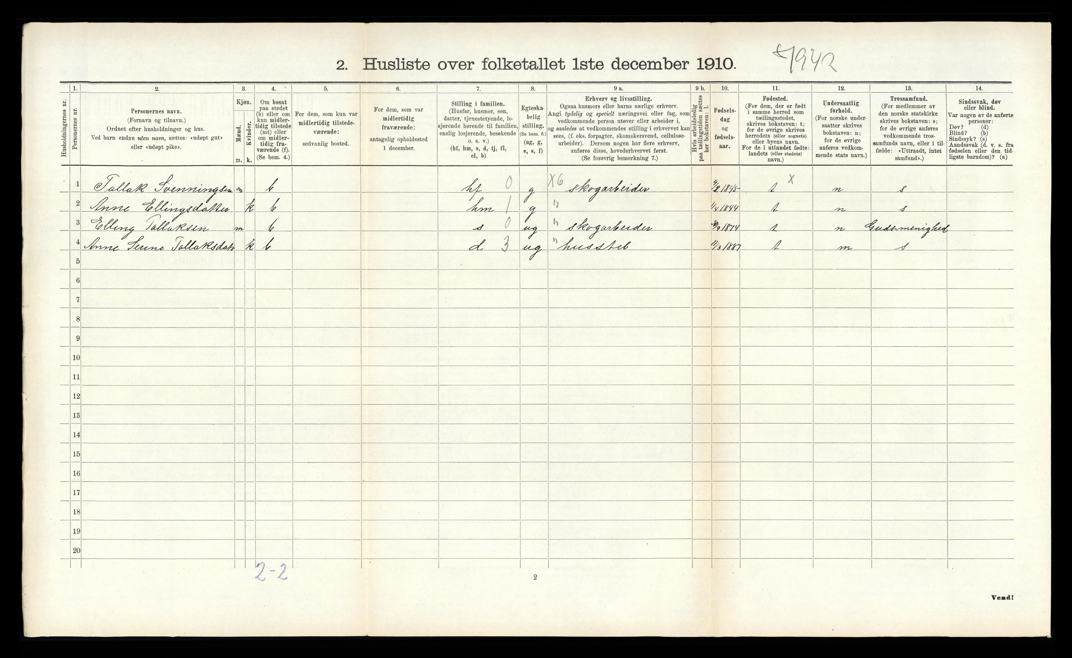 RA, Folketelling 1910 for 0912 Vegårshei herred, 1910, s. 487