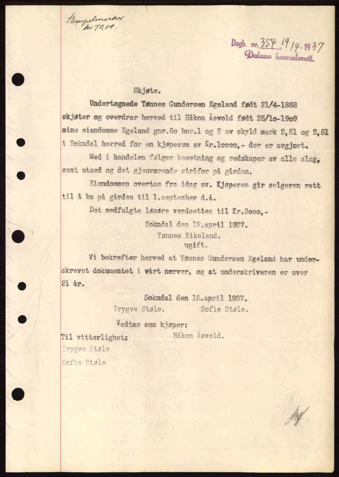 Dalane sorenskriveri, SAST/A-100309/02/G/Gb/L0041: Pantebok nr. A2, 1936-1937, Dagboknr: 354/1937