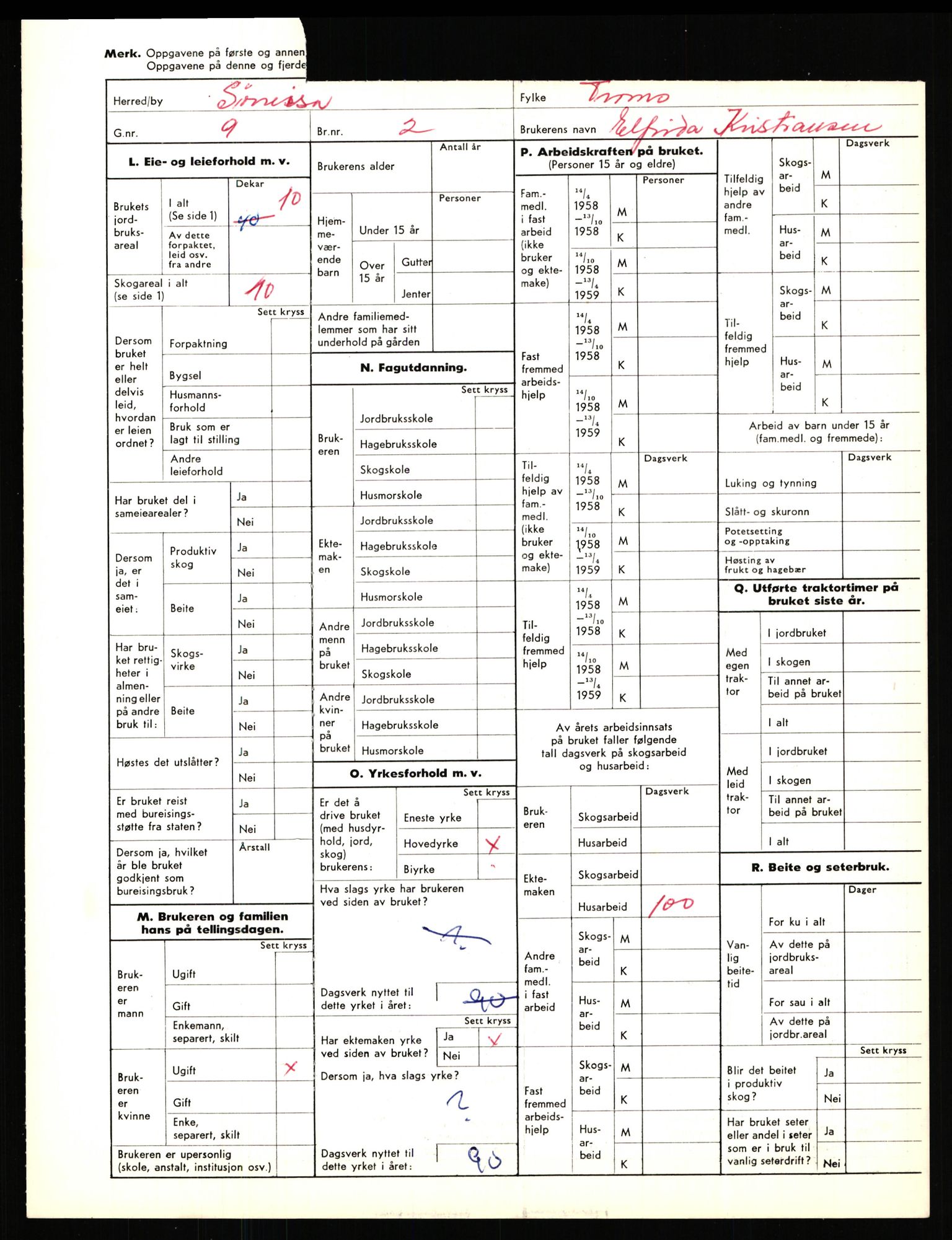 Statistisk sentralbyrå, Næringsøkonomiske emner, Jordbruk, skogbruk, jakt, fiske og fangst, AV/RA-S-2234/G/Gd/L0656: Troms: 1924 Målselv (kl. 0-3) og 1925 Sørreisa, 1959, s. 1367