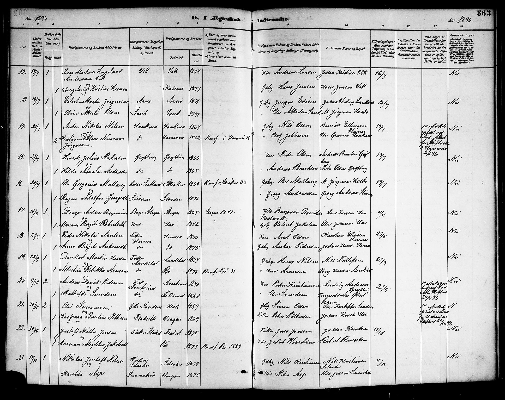 Ministerialprotokoller, klokkerbøker og fødselsregistre - Nordland, AV/SAT-A-1459/888/L1268: Klokkerbok nr. 888C06, 1891-1908, s. 363