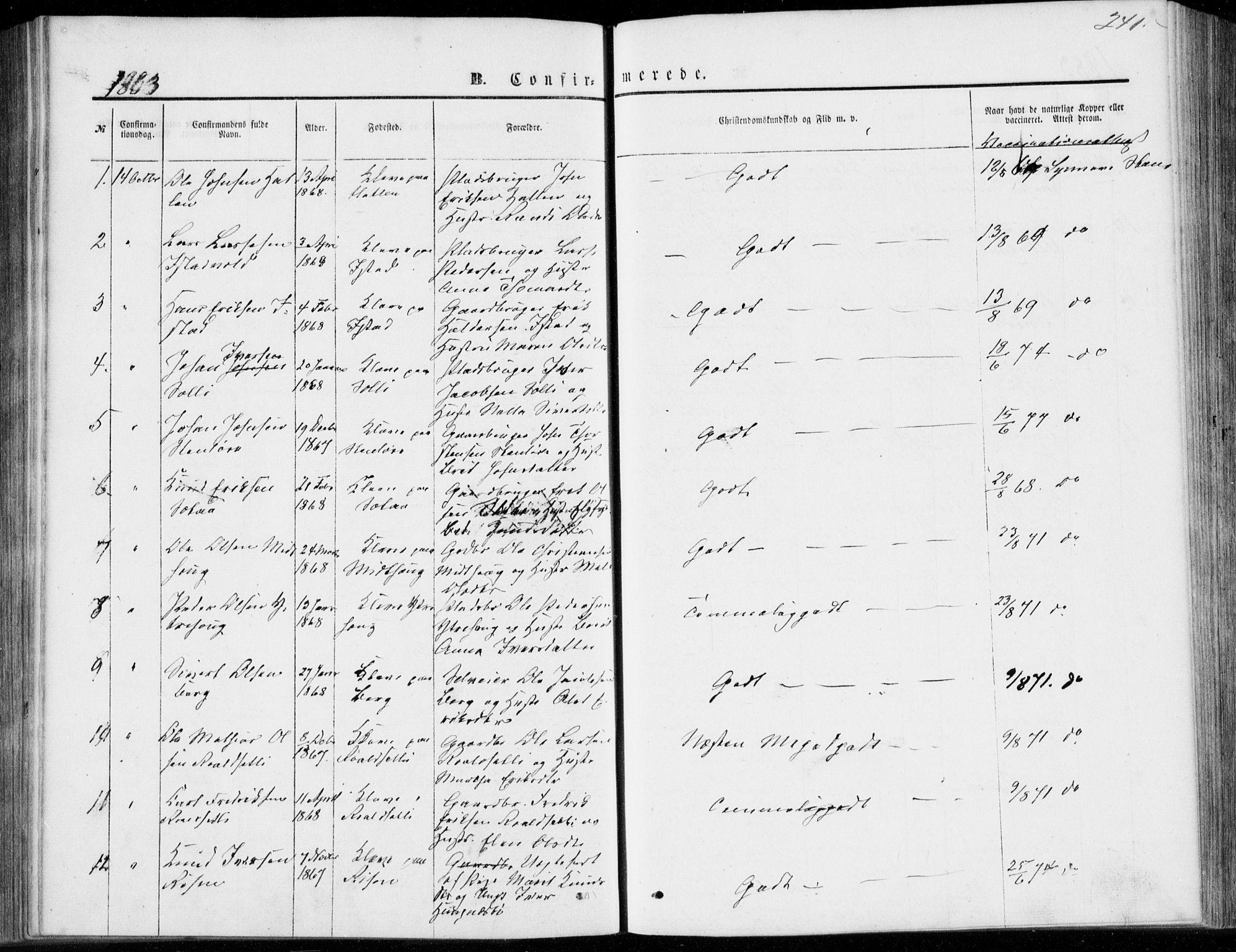 Ministerialprotokoller, klokkerbøker og fødselsregistre - Møre og Romsdal, AV/SAT-A-1454/557/L0681: Ministerialbok nr. 557A03, 1869-1886, s. 241