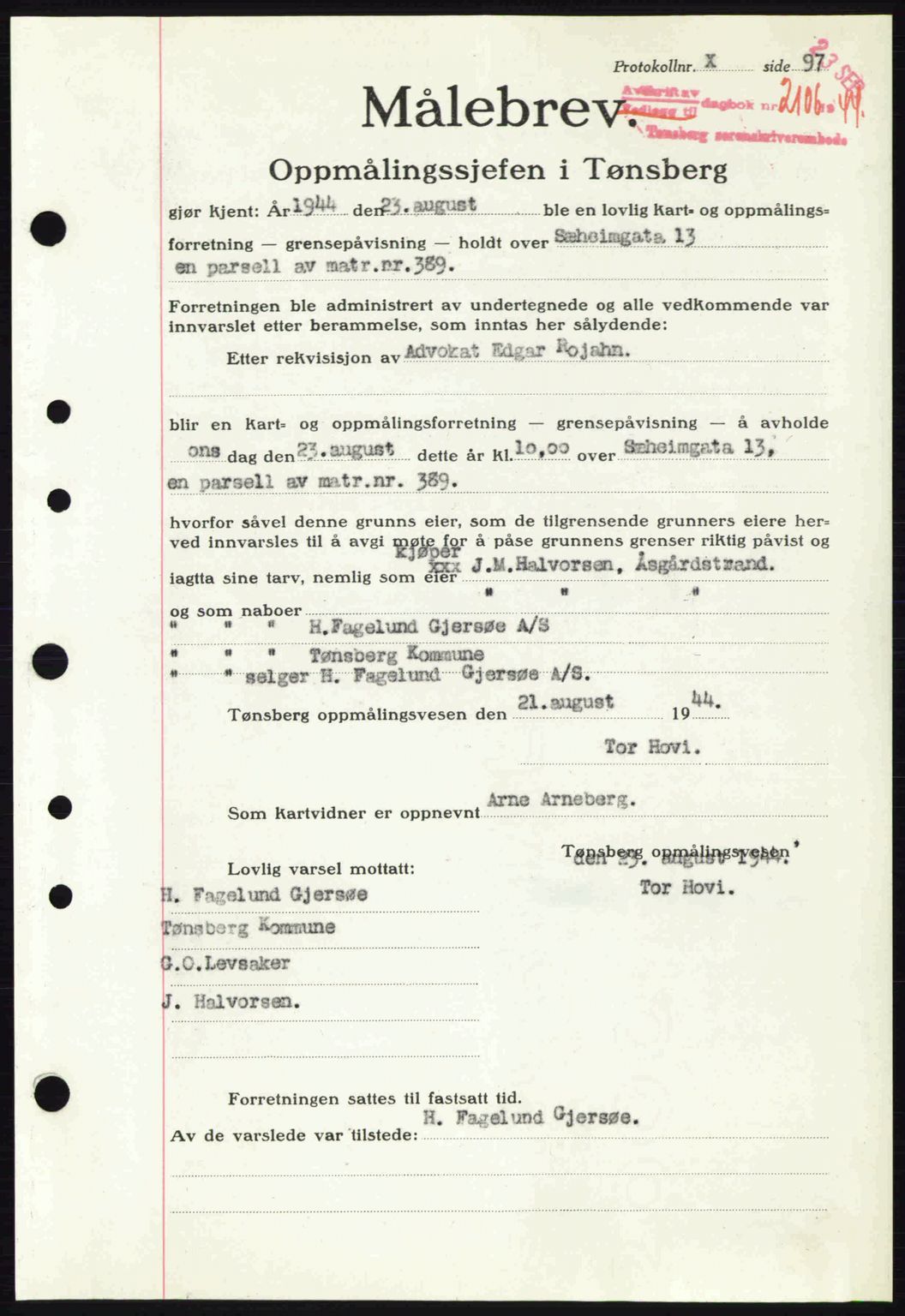 Tønsberg sorenskriveri, AV/SAKO-A-130/G/Ga/Gaa/L0016: Pantebok nr. A16, 1944-1945, Dagboknr: 2106/1944