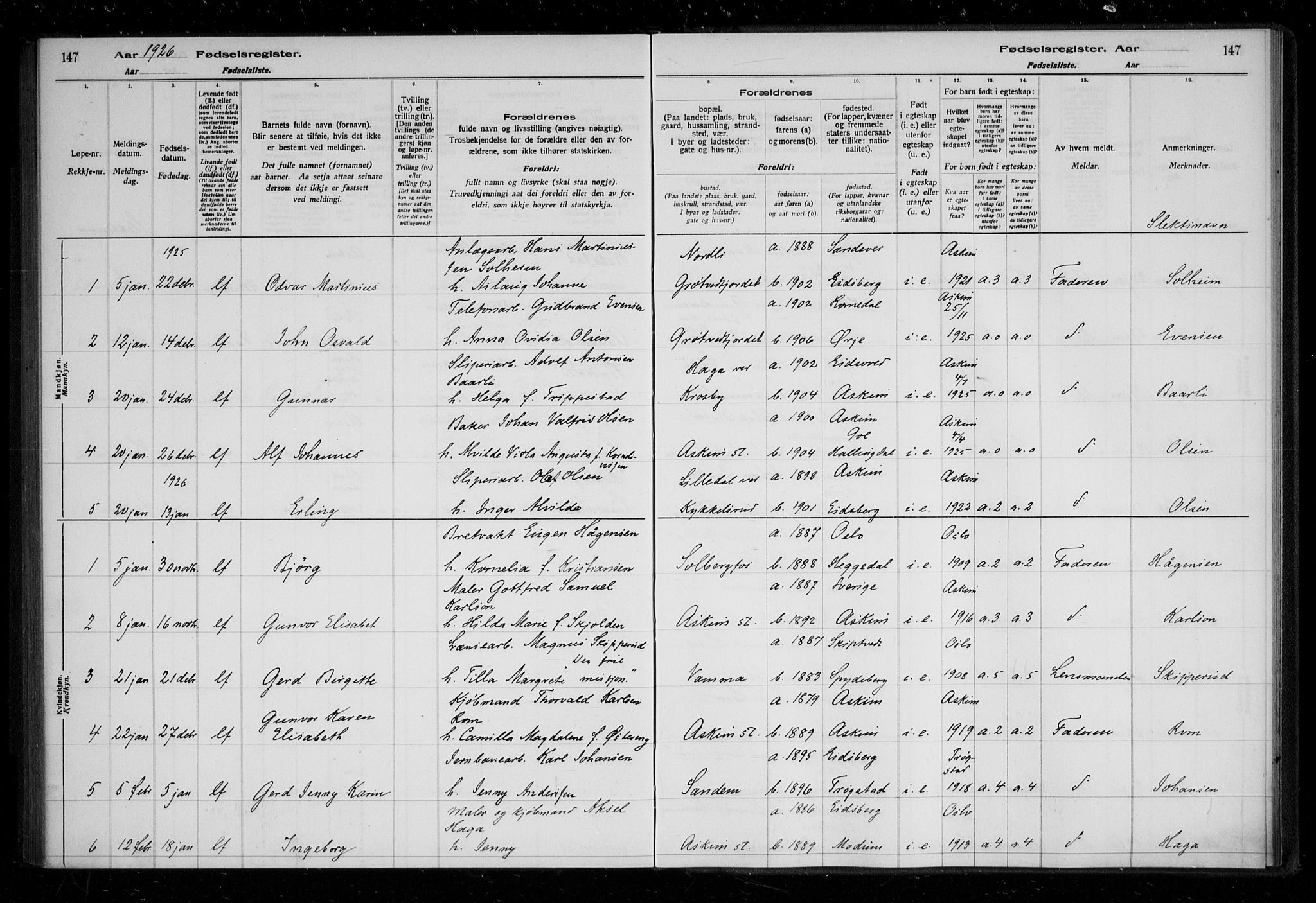 Askim prestekontor Kirkebøker, SAO/A-10900/J/Ja/L0001: Fødselsregister nr. 1, 1916-1929, s. 147