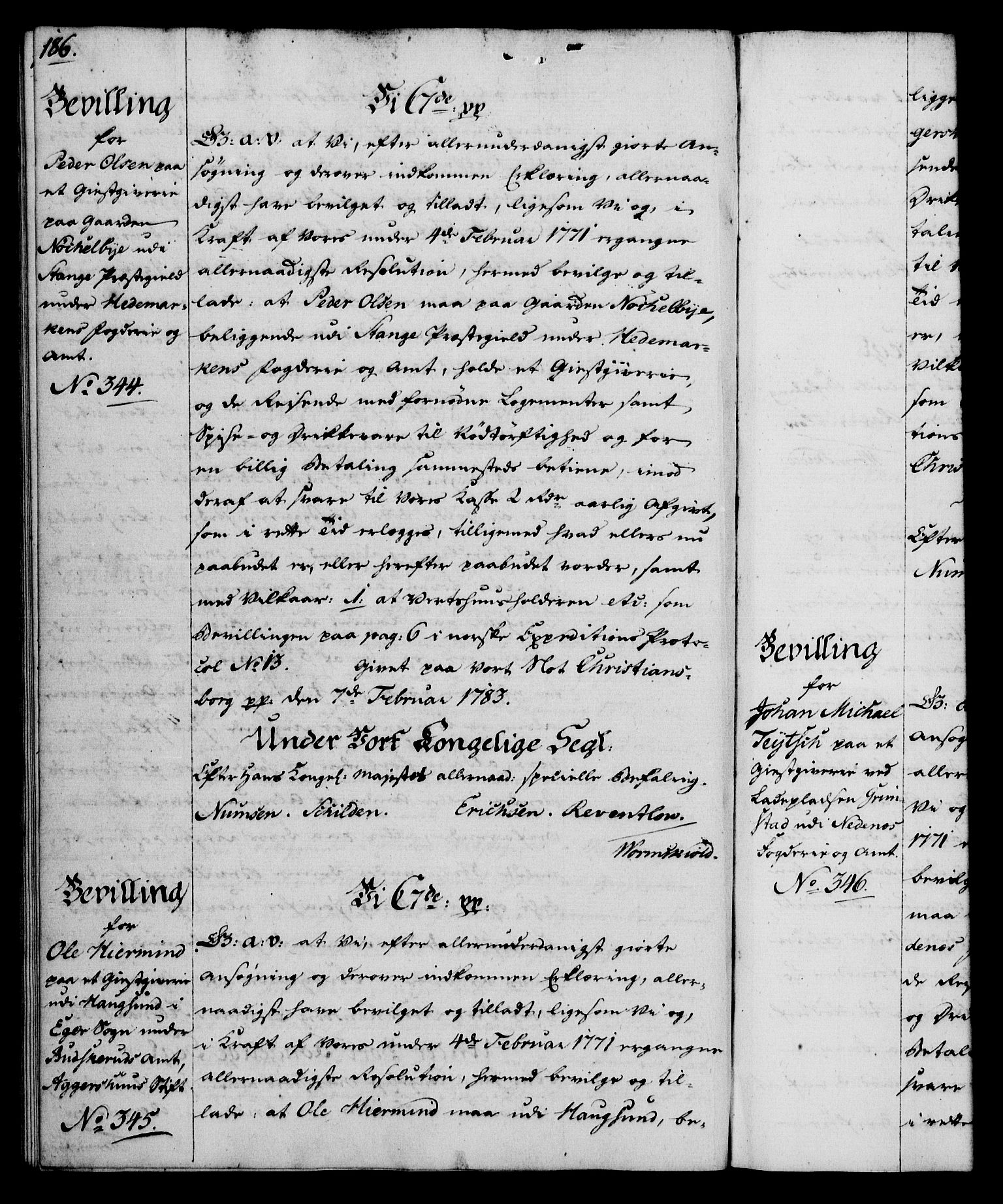 Rentekammeret, Kammerkanselliet, AV/RA-EA-3111/G/Gg/Gga/L0012: Norsk ekspedisjonsprotokoll med register (merket RK 53.12), 1781-1783, s. 186