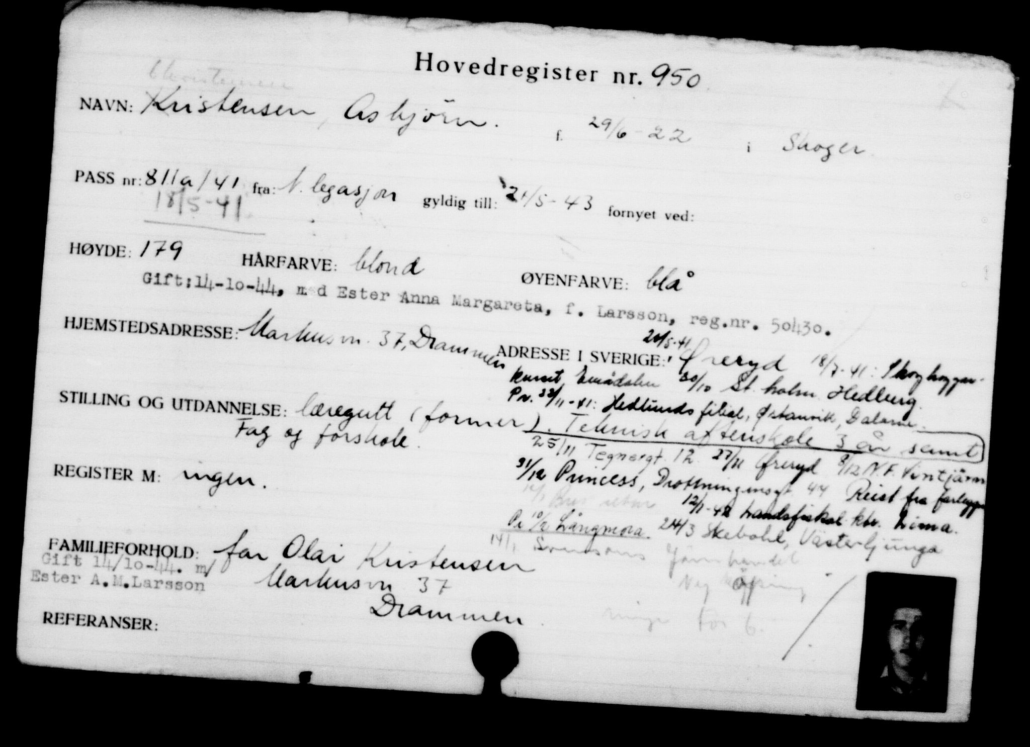 Utenriksstasjonene, Legasjonen i Stockholm, Flyktningkontoret, AV/RA-S-6753/V/Va/L0001: Kjesäterkartoteket, flyktninger med registreringsnr. 1-1000, 1940-1945, s. 1477