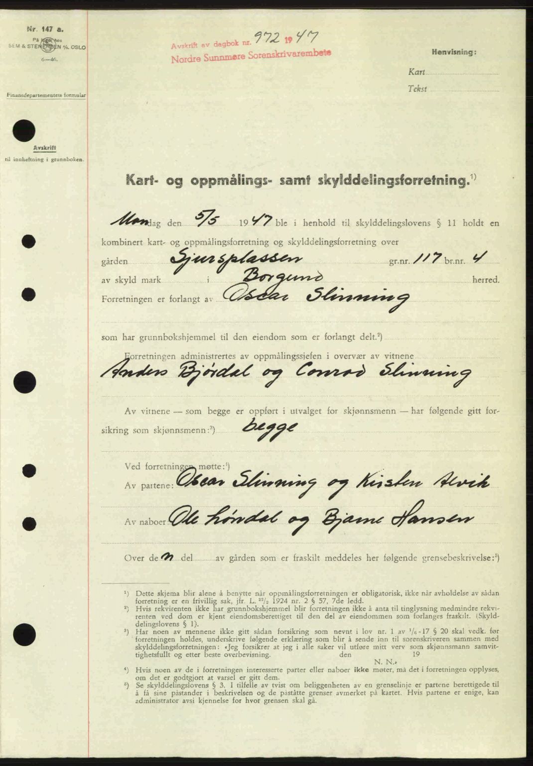 Nordre Sunnmøre sorenskriveri, SAT/A-0006/1/2/2C/2Ca: Pantebok nr. A24, 1947-1947, Dagboknr: 972/1947