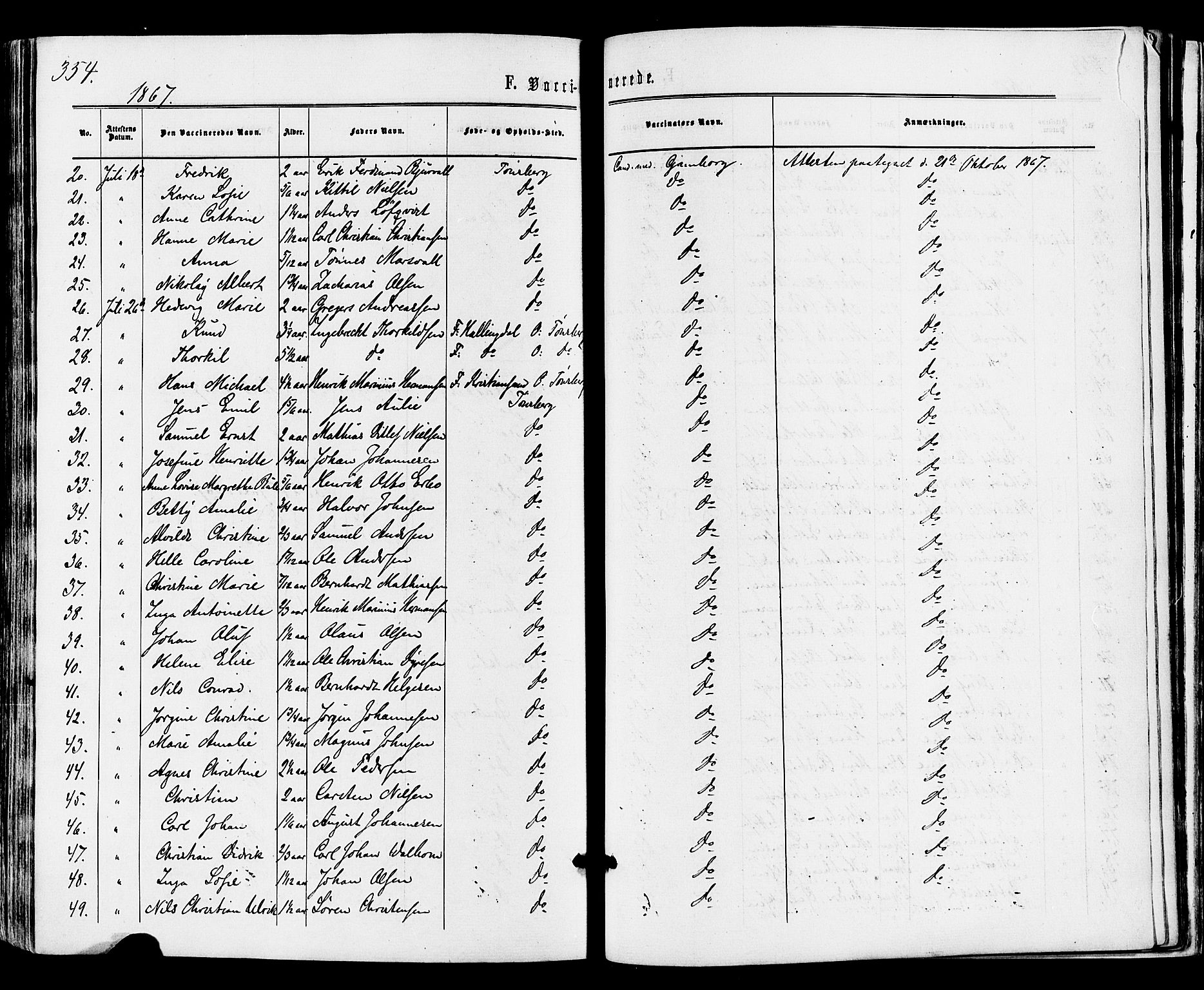 Tønsberg kirkebøker, AV/SAKO-A-330/F/Fa/L0009: Ministerialbok nr. I 9, 1865-1873, s. 354