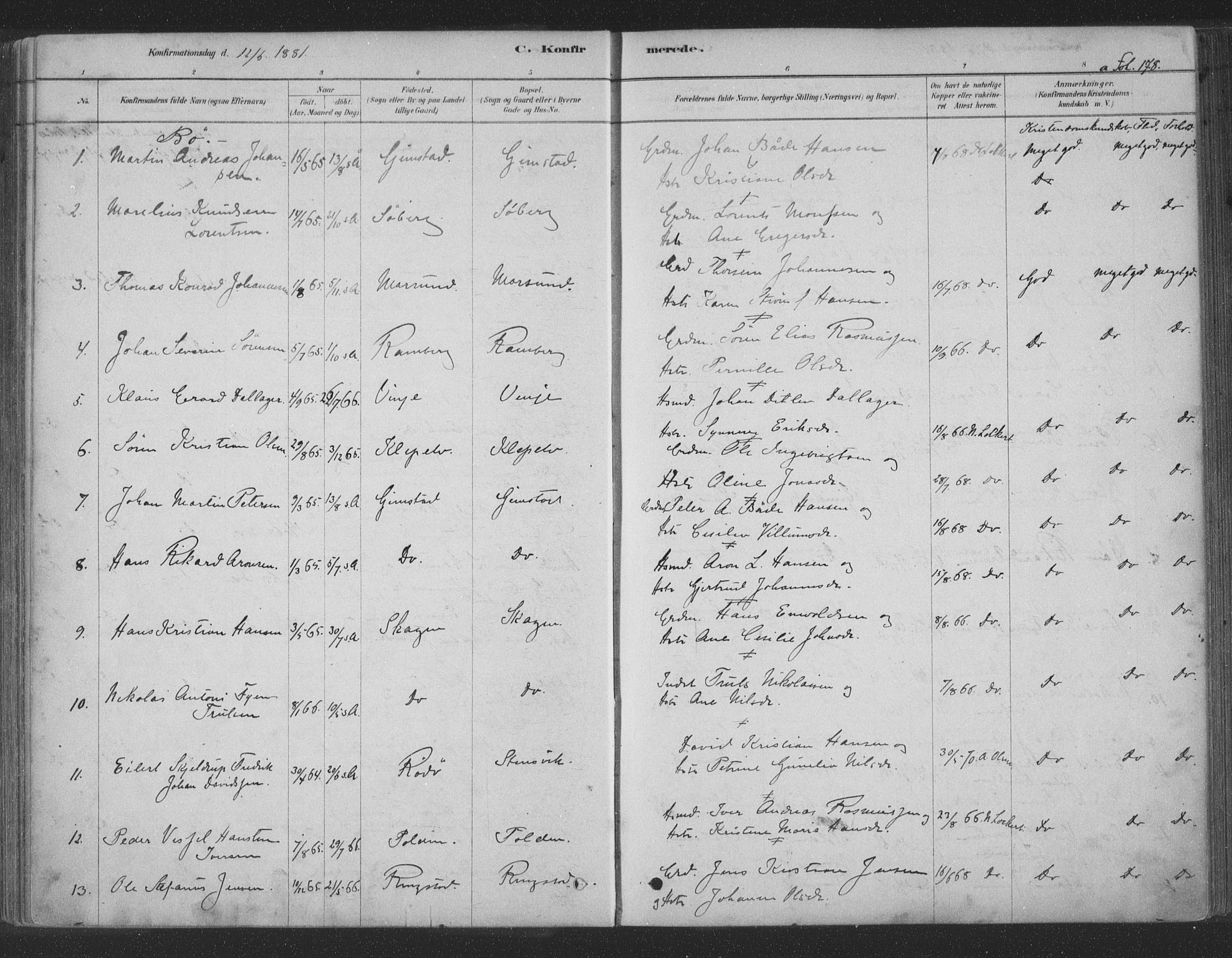 Ministerialprotokoller, klokkerbøker og fødselsregistre - Nordland, AV/SAT-A-1459/891/L1302: Ministerialbok nr. 891A07, 1878-1895, s. 178