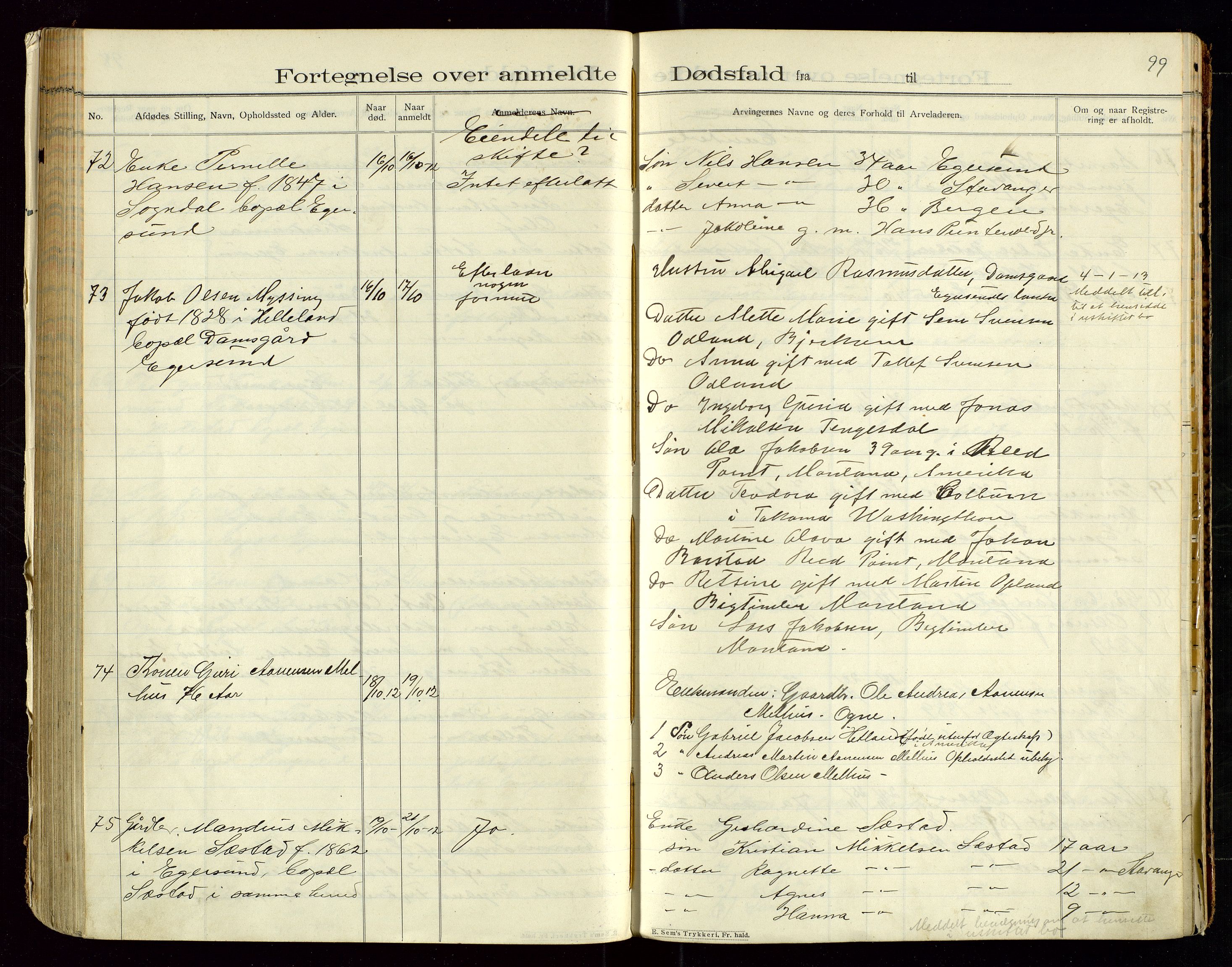 Eigersund lensmannskontor, AV/SAST-A-100171/Gga/L0005: "Dødsfalds-Protokol" m/alfabetisk navneregister, 1905-1913, s. 99