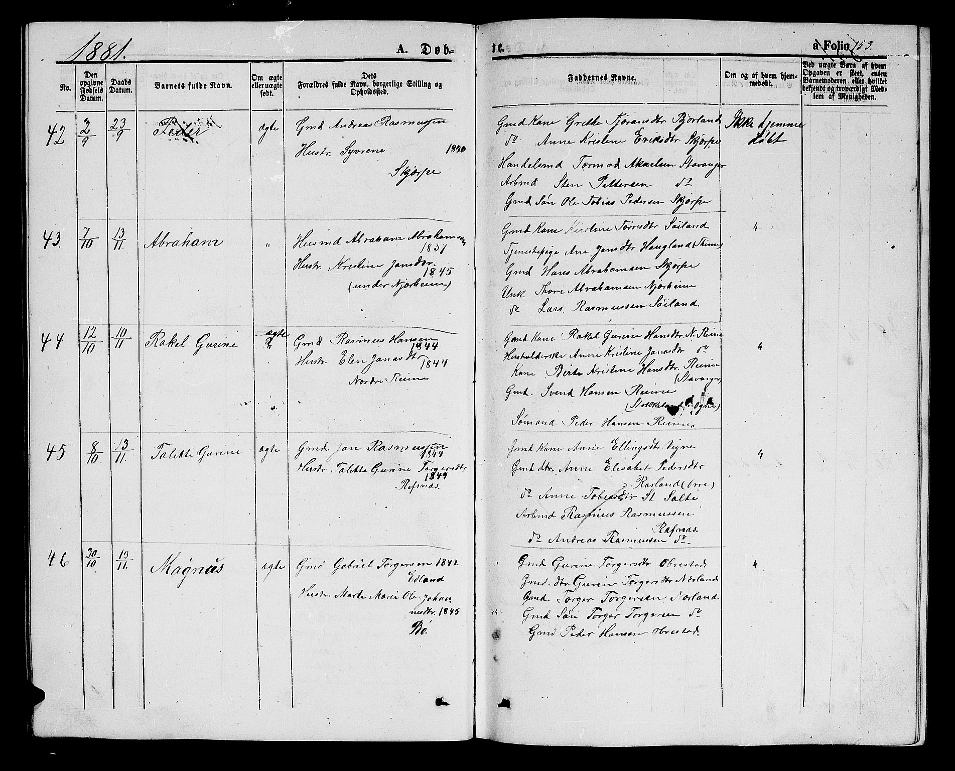 Hå sokneprestkontor, AV/SAST-A-101801/001/30BB/L0001: Klokkerbok nr. B 1, 1854-1883, s. 153