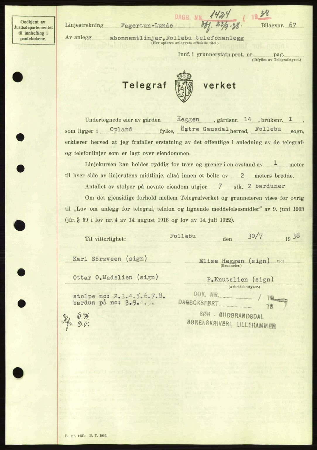 Sør-Gudbrandsdal tingrett, SAH/TING-004/H/Hb/Hbd/L0005: Pantebok nr. A5, 1938-1939, Dagboknr: 1424/1938