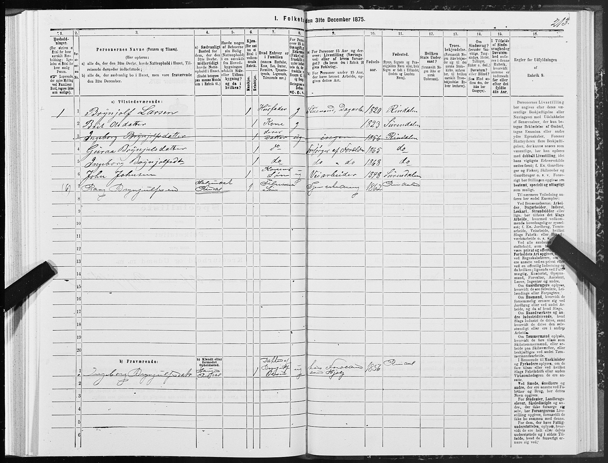 SAT, Folketelling 1875 for 1567P Rindal prestegjeld, 1875, s. 1213