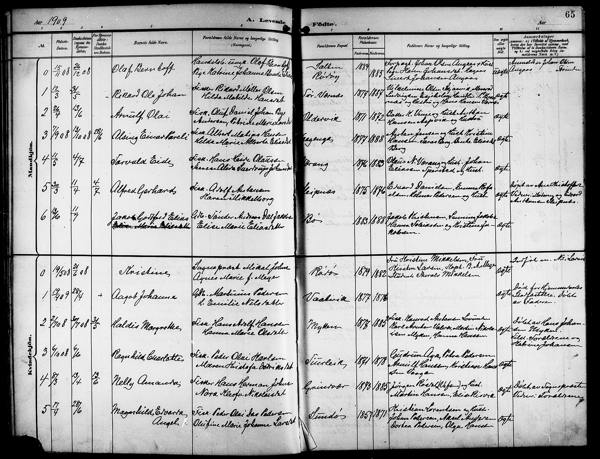 Ministerialprotokoller, klokkerbøker og fødselsregistre - Nordland, AV/SAT-A-1459/841/L0621: Klokkerbok nr. 841C05, 1897-1923, s. 65