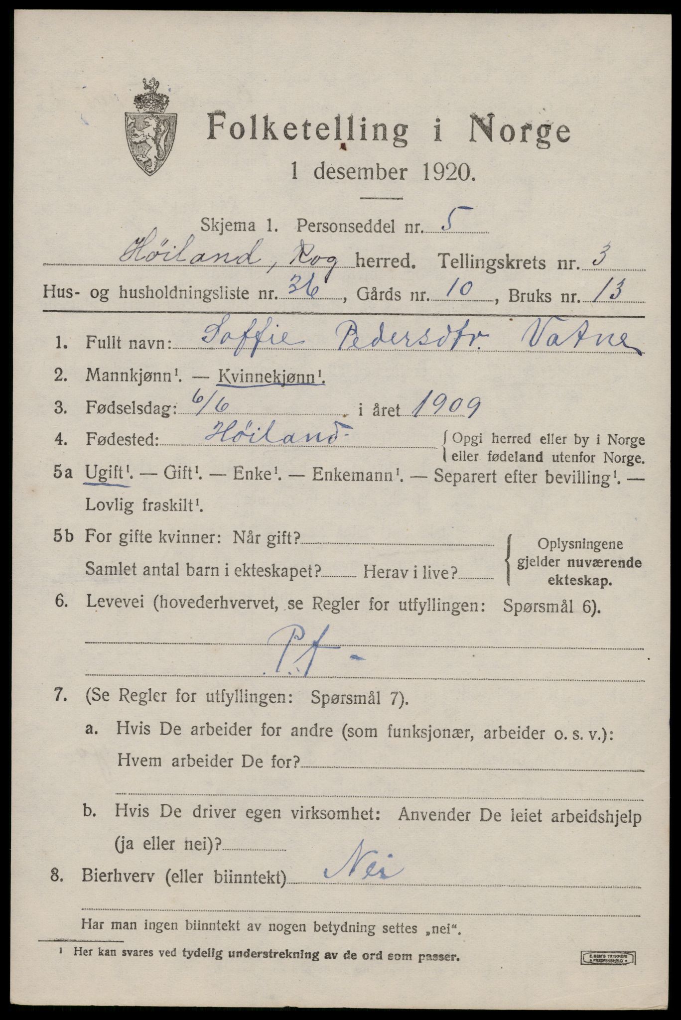 SAST, Folketelling 1920 for 1123 Høyland herred, 1920, s. 3408