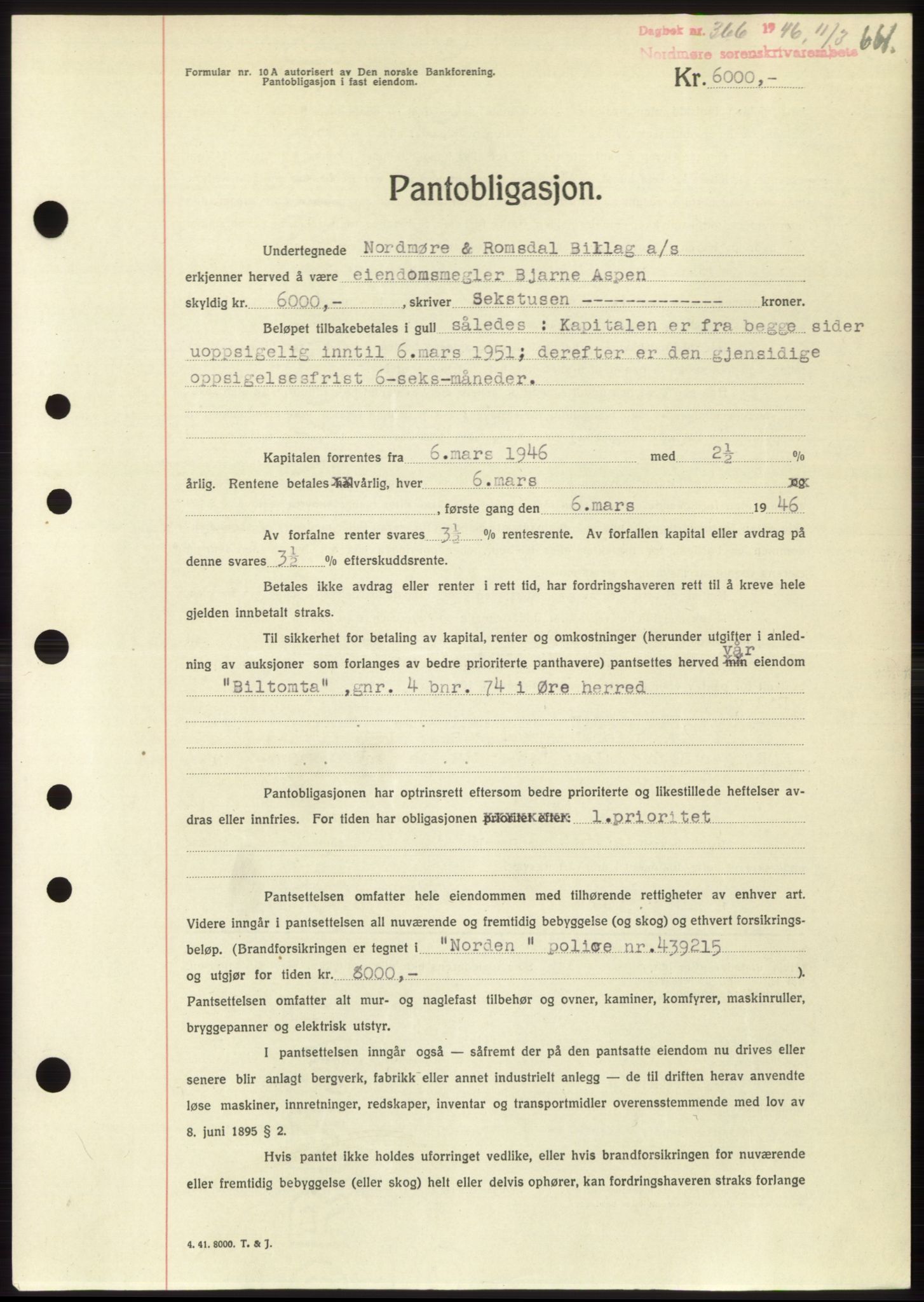 Nordmøre sorenskriveri, SAT/A-4132/1/2/2Ca: Pantebok nr. B93b, 1946-1946, Dagboknr: 366/1946