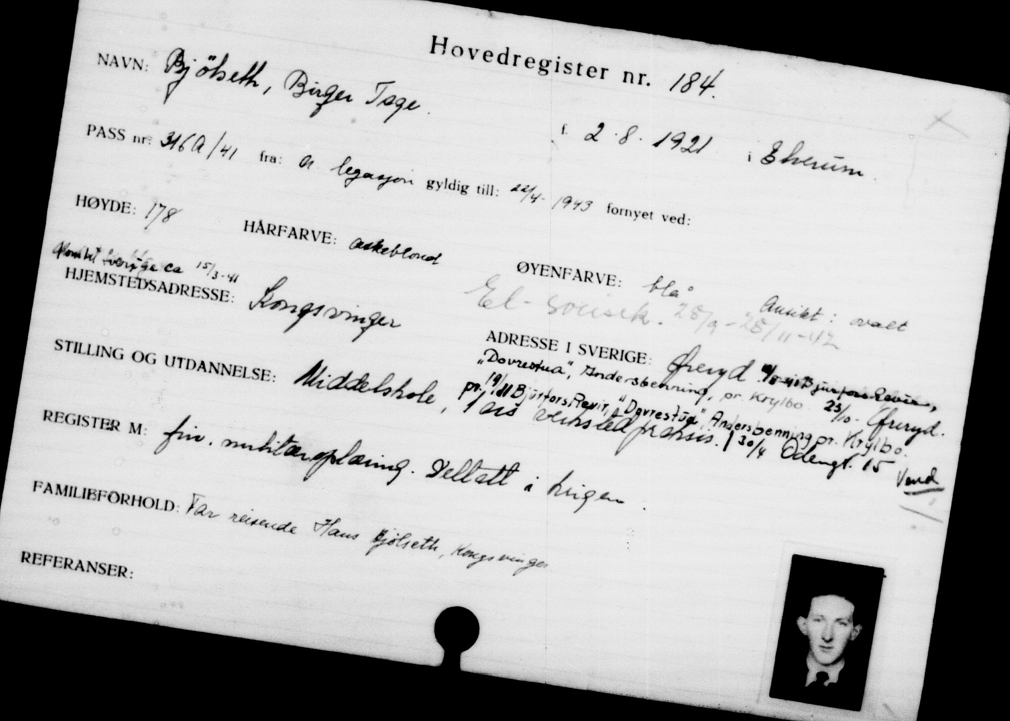 Utenriksstasjonene, Legasjonen i Stockholm, Flyktningkontoret, AV/RA-S-6753/V/Va/L0001: Kjesäterkartoteket, flyktninger med registreringsnr. 1-1000, 1940-1945, s. 295