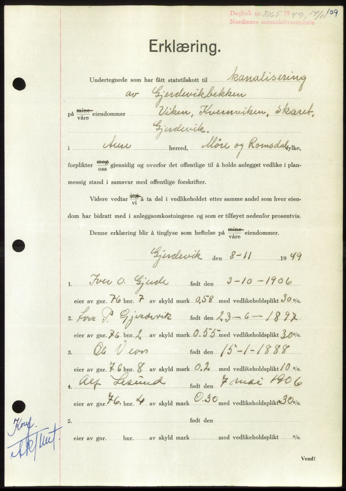 Nordmøre sorenskriveri, AV/SAT-A-4132/1/2/2Ca: Pantebok nr. B103, 1949-1950, Dagboknr: 3165/1949