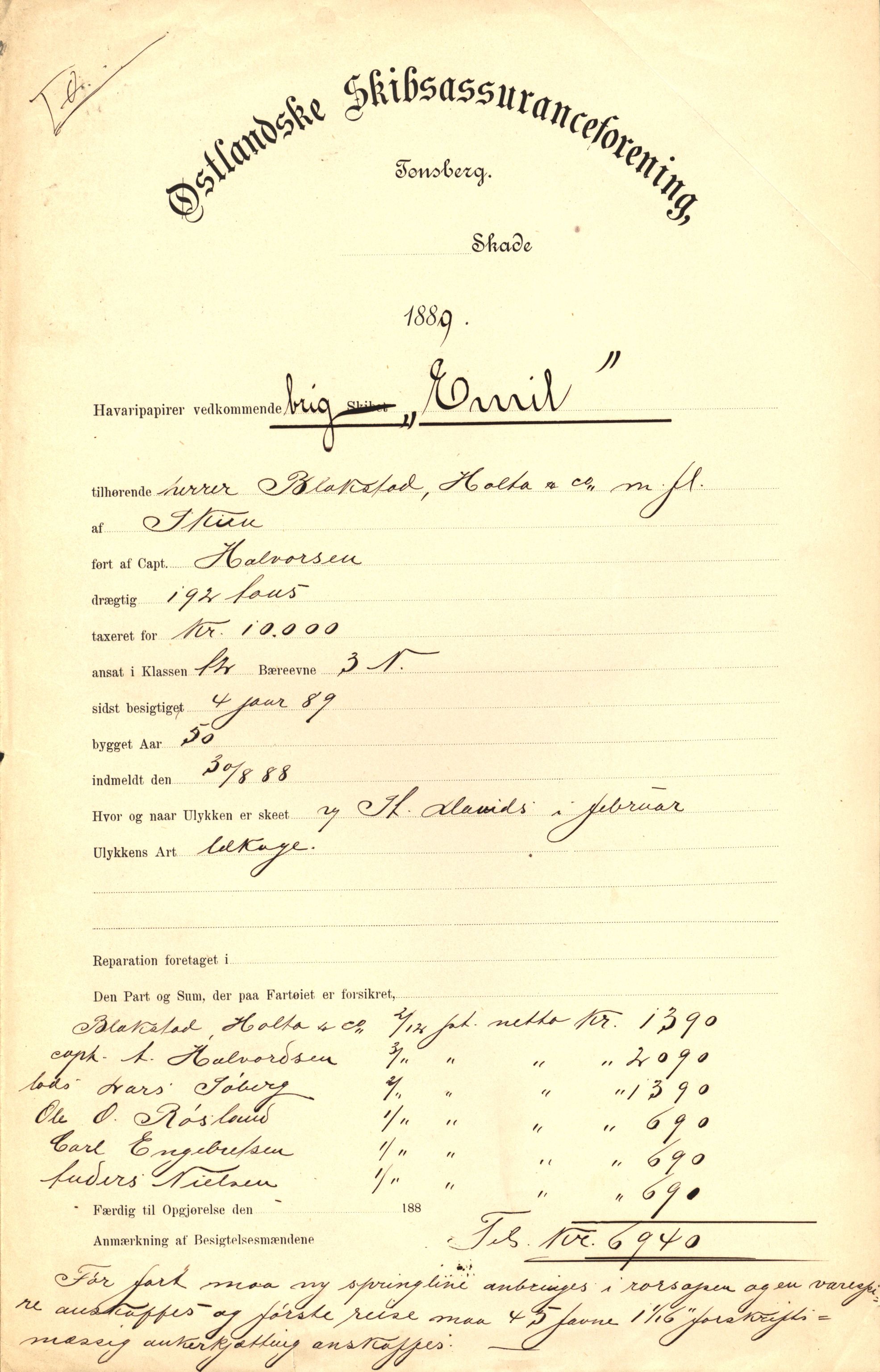 Pa 63 - Østlandske skibsassuranceforening, VEMU/A-1079/G/Ga/L0023/0009: Havaridokumenter / Emil, Black, Hawk, Columbus, Dagny, Askur, Imanuel, 1889, s. 1