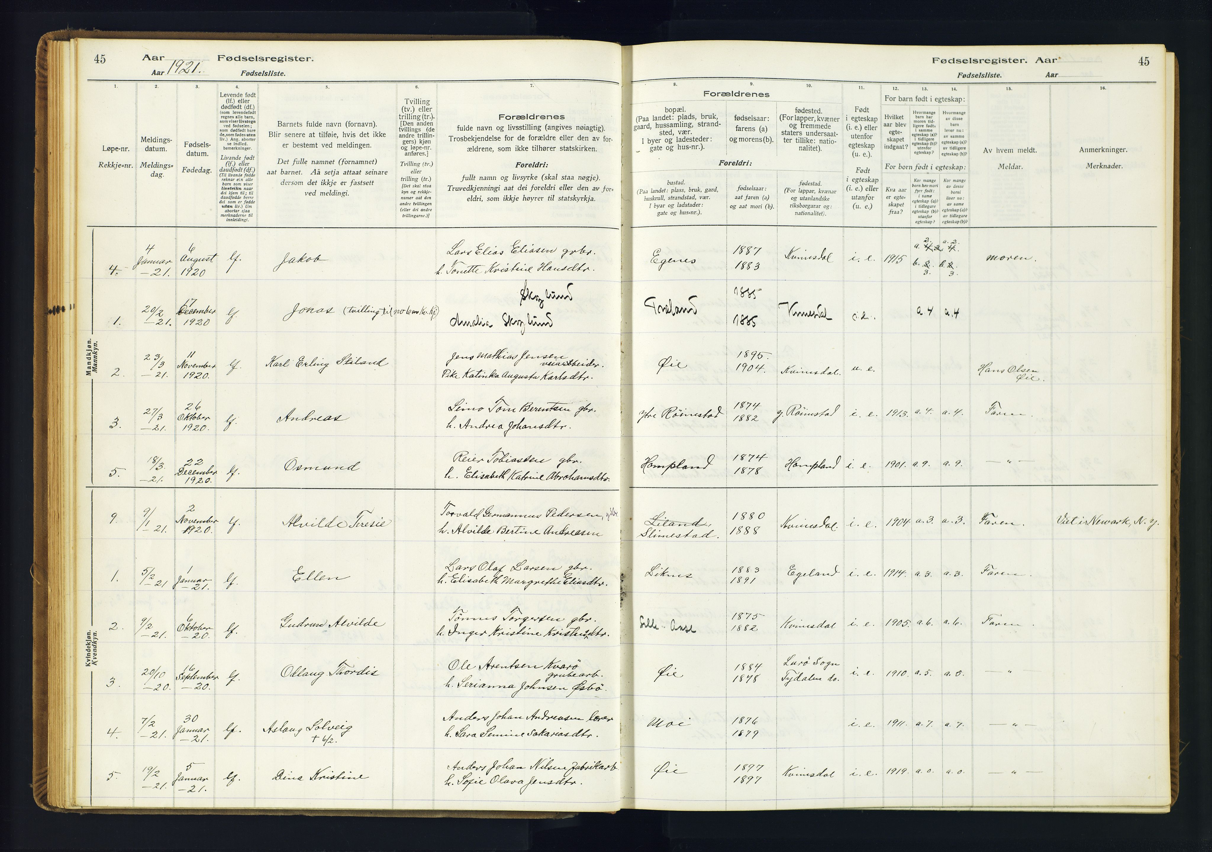 Kvinesdal sokneprestkontor, SAK/1111-0026/J/Ja/L0001: Fødselsregister nr. 1, 1916-1941, s. 45
