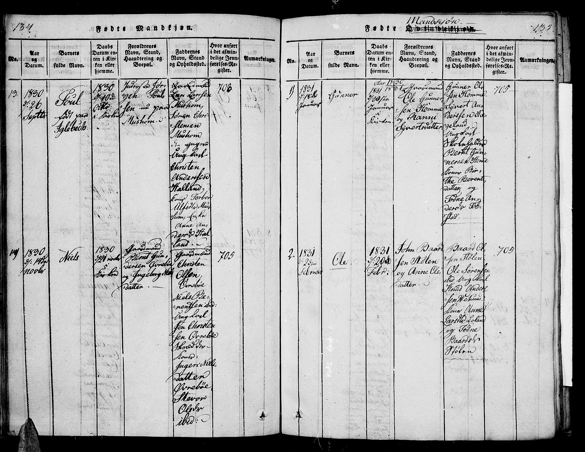 Vennesla sokneprestkontor, AV/SAK-1111-0045/Fa/Fac/L0003: Ministerialbok nr. A 3, 1820-1834, s. 134-135