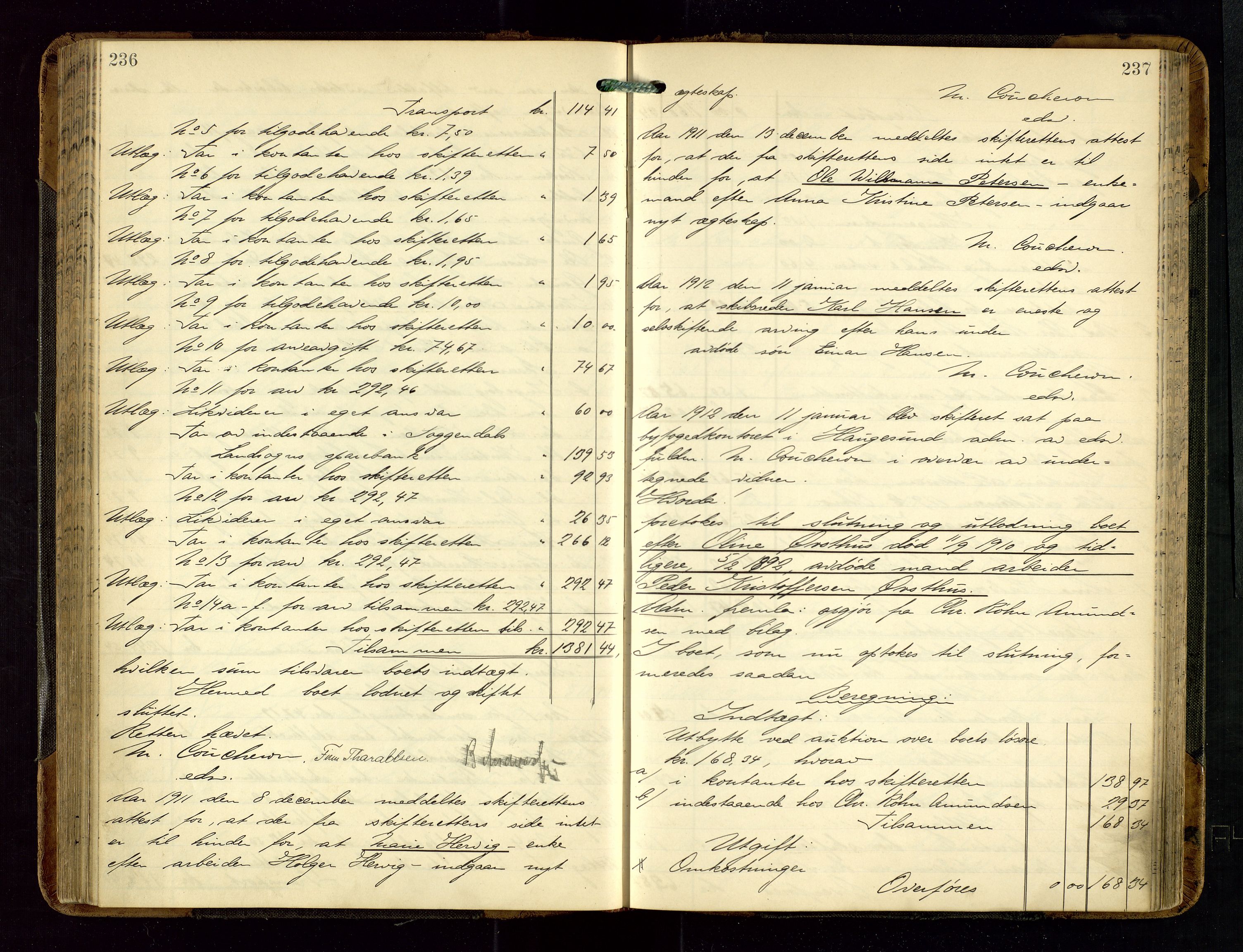 Haugesund tingrett, AV/SAST-A-101415/01/IV/IVD/L0002: Skifteutlodningsprotokoll, med register, 1904-1915, s. 236-237