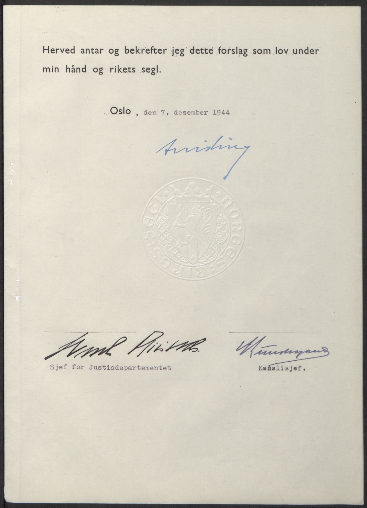 NS-administrasjonen 1940-1945 (Statsrådsekretariatet, de kommisariske statsråder mm), RA/S-4279/D/Db/L0100: Lover, 1944, s. 642