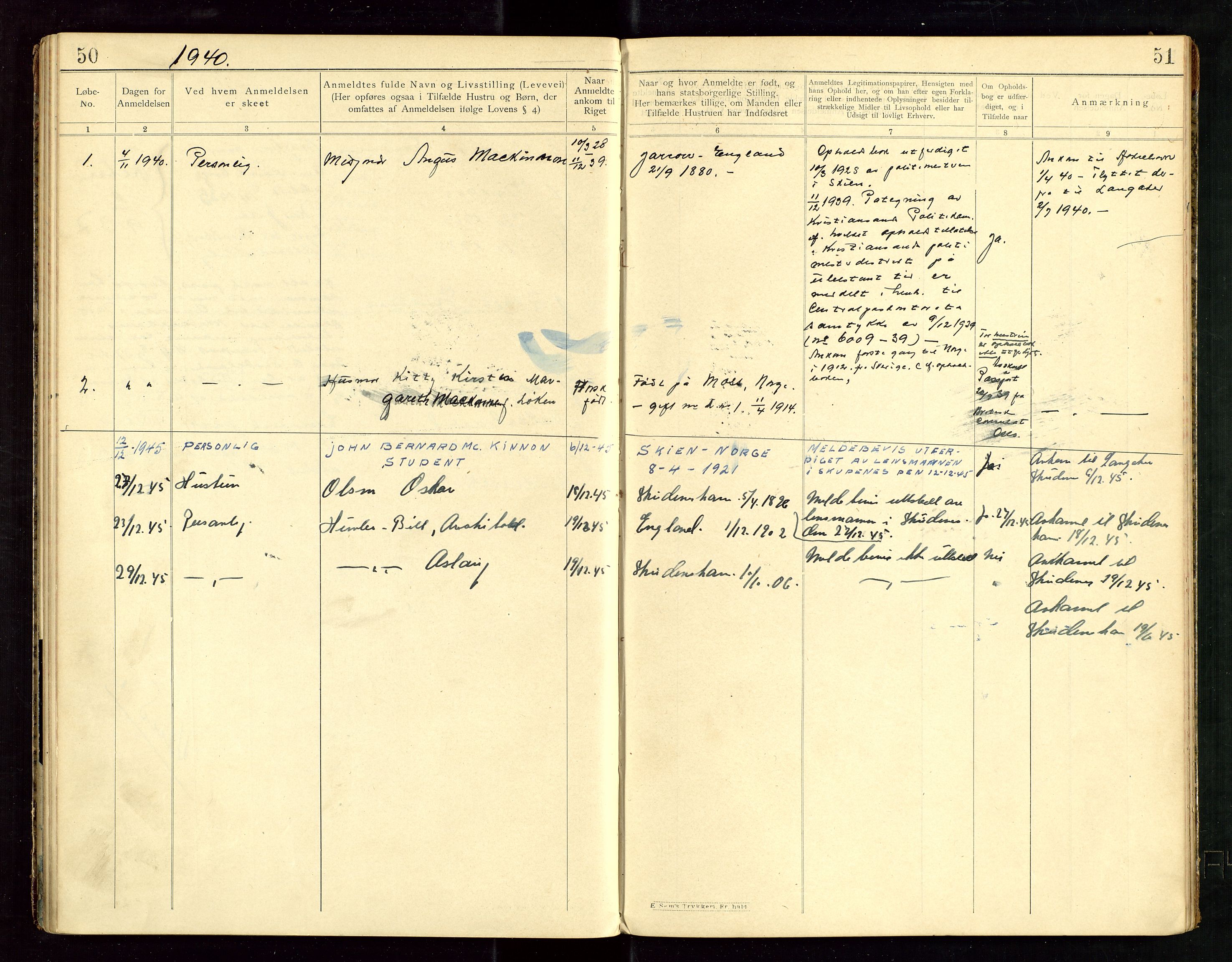 Skudenes lensmannskontor, SAST/A-100444/Fea/L0001: "Protokol over anmeldte fremmede Statsborgere", 1903-1945, s. 50-51